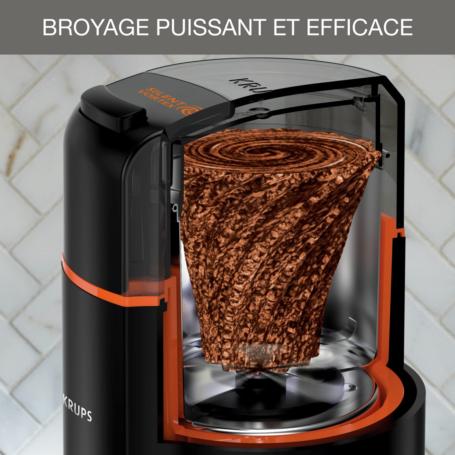 Krups Moulin à café électrique, Lame en acier inoxydable, Puissance 175 W, Broyeur grain silencieux et polyvalent, Compatible lave-vaisselle, Fonctionnement simple, Silent Vortex, Noir GX332810