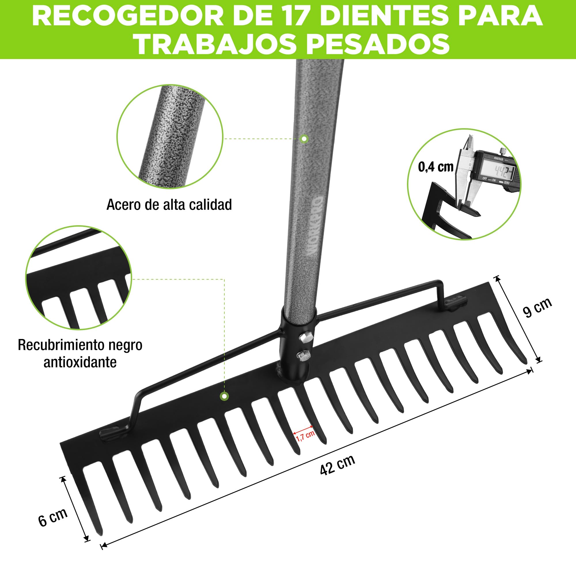 WORKPRO Rastrillo de Jardín Heavy Duty 165 cm, Rastrillo Metálico de 17 Dientes con Mango Ajustable para Aflojar Tierra, Recoger Hojas y Nivelar Césped