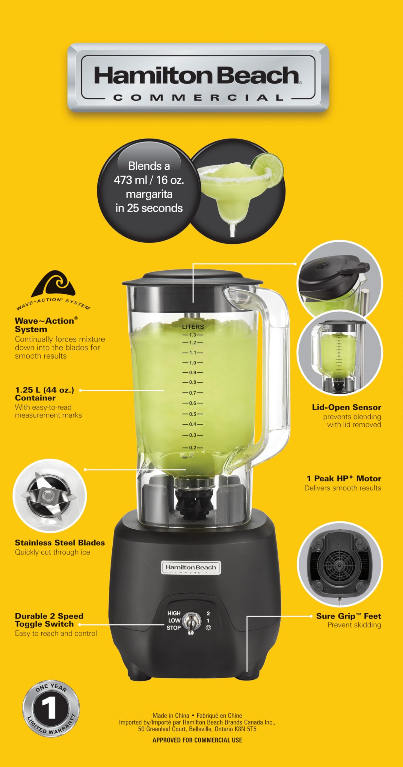 Hamilton Beach Commercial® 908®R blender barowy, HBB908R-CE, 1 HP, pojemnik z poliwęglanu 1,3 l, 2 prędkości, 220-240 V, czarny