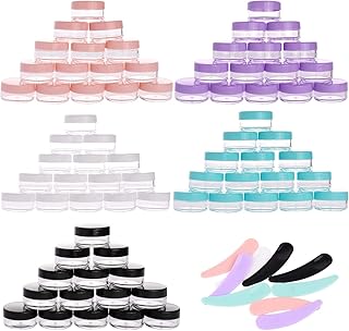 100 Count 10 Gram Small Round Sample Containers with lids Cosmetic Jars Plastic Jars Makeup Containers Lip Scrub Containers Leak Proof and 10Pcs Mask Spatula for Beauty Products