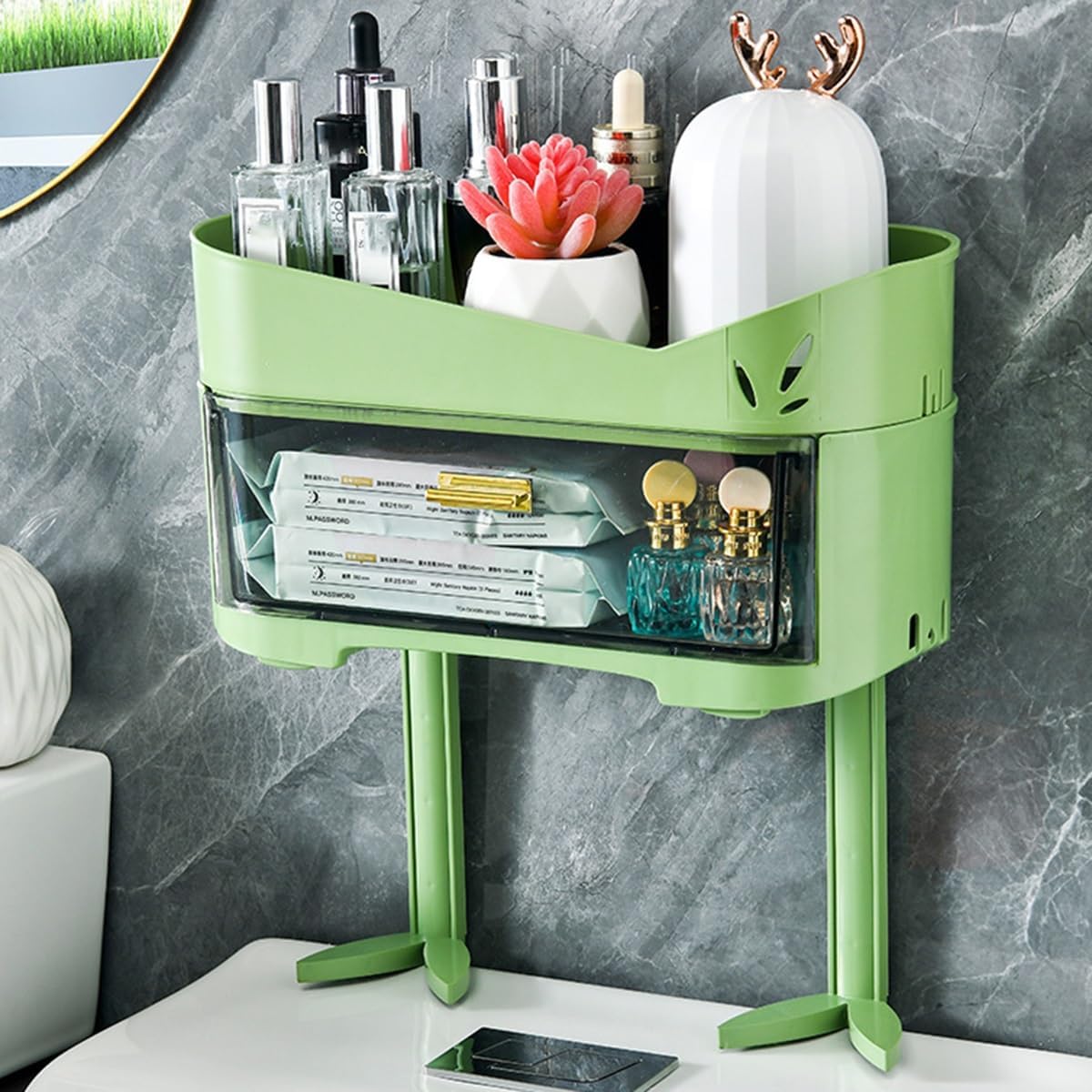 Over The Toilet Storage Shelf 2 Tier, Bathroom Organizer Shelves with Drawer, Above Toilet Storage Wall Mounted Multifunctional Bathroom Storage Rack, No Drilling Space Saver (Color : /Blue) (/Green