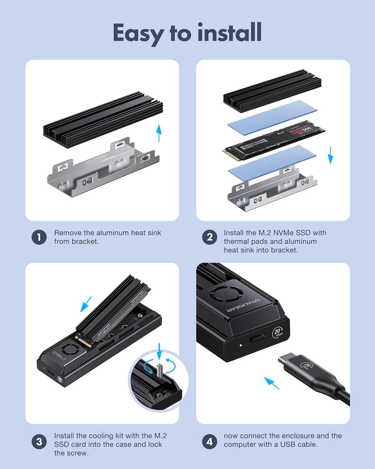 GRAUGEAR M.2 Docking Station 20Gbps for NVMe/NGFF SSD, USB3.2 Gen2x2, Tool-Free