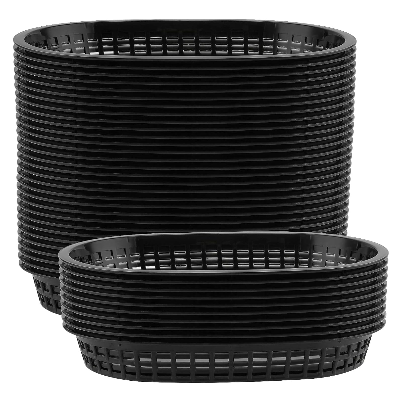 Lot de 50 Paniers de Restauration Rapide, Paniers de Rangement en Plastique ovale classique, Noir, 26,8 x 17,5 x 3,5 cm