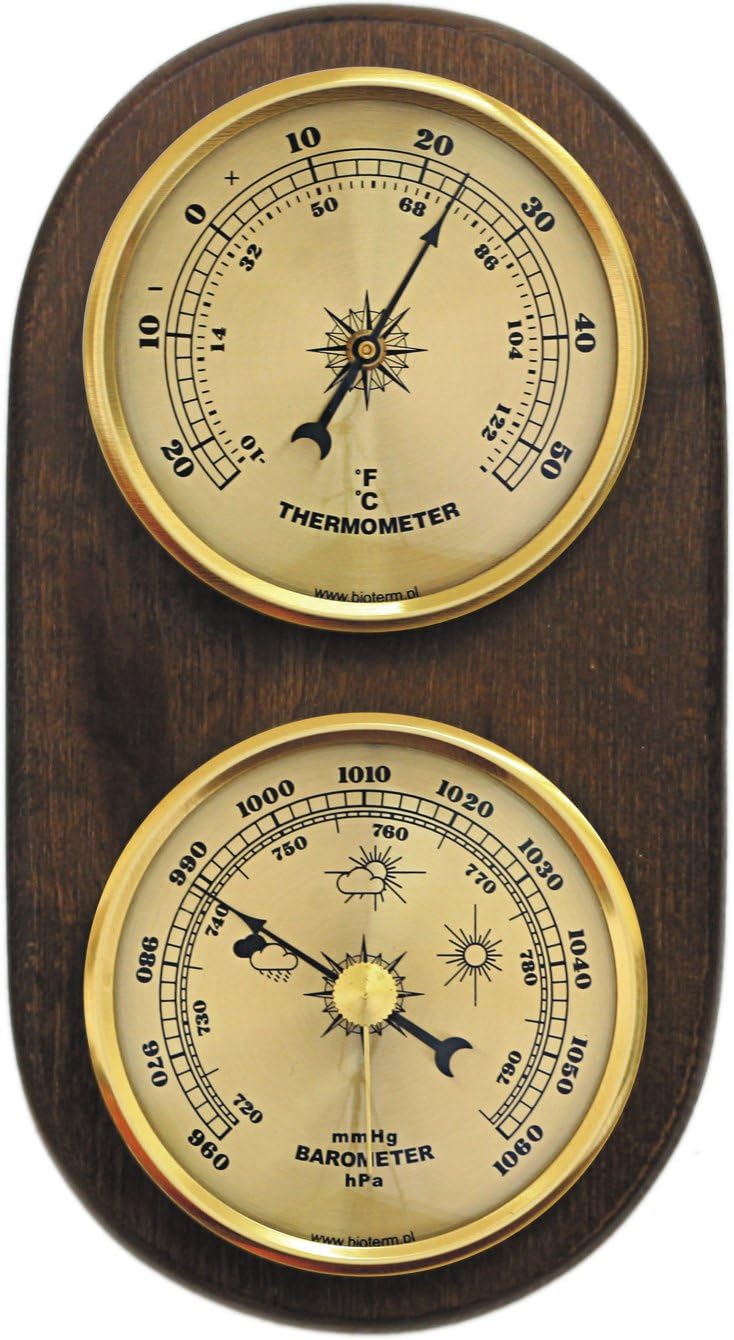 Wall Weather Station Barometer Thermometer Wood Frame Gold Coloured Dials Quality Instrument