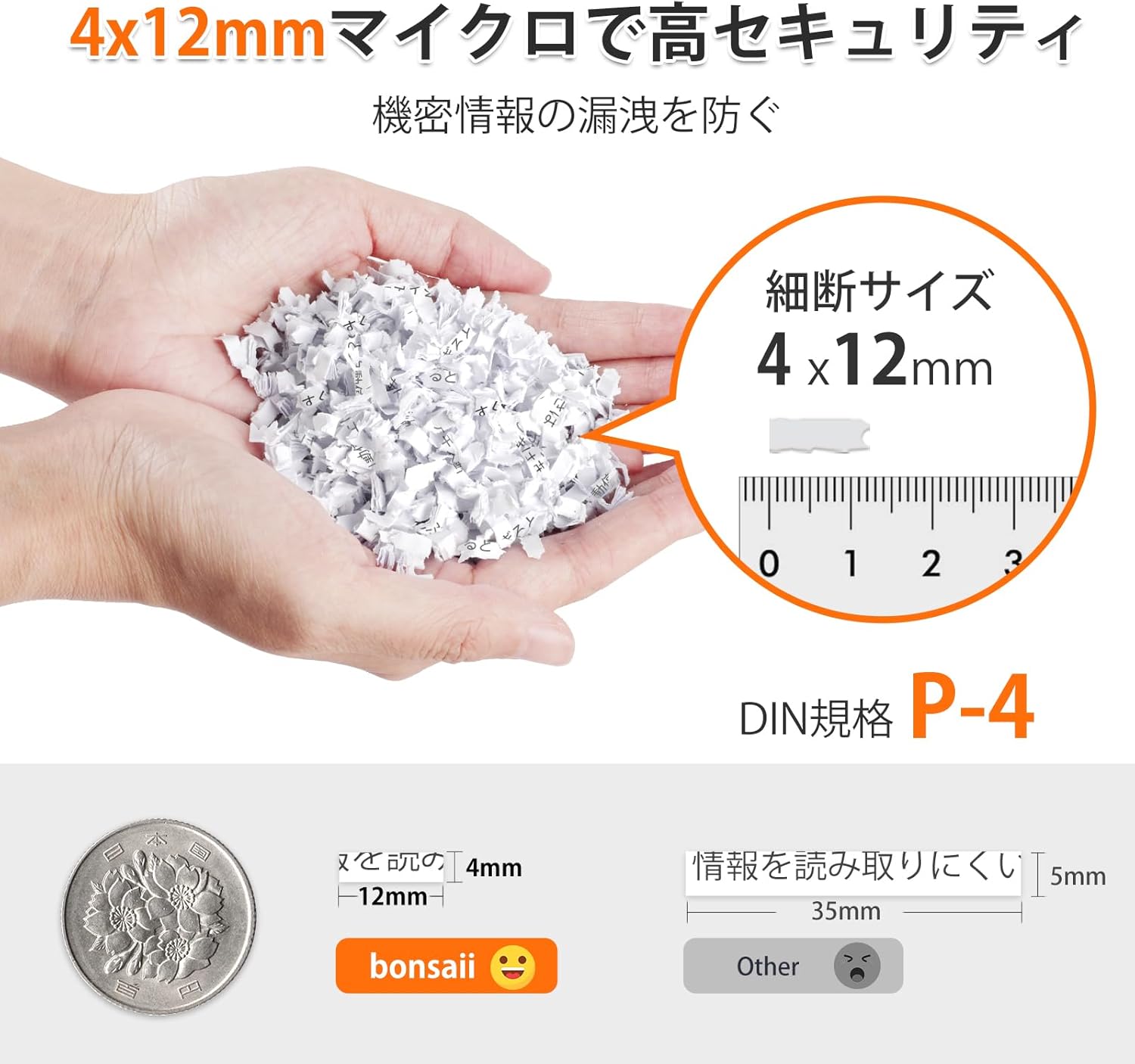 Comparison of micro-cut shred size (4x12mm) with a coin for scale