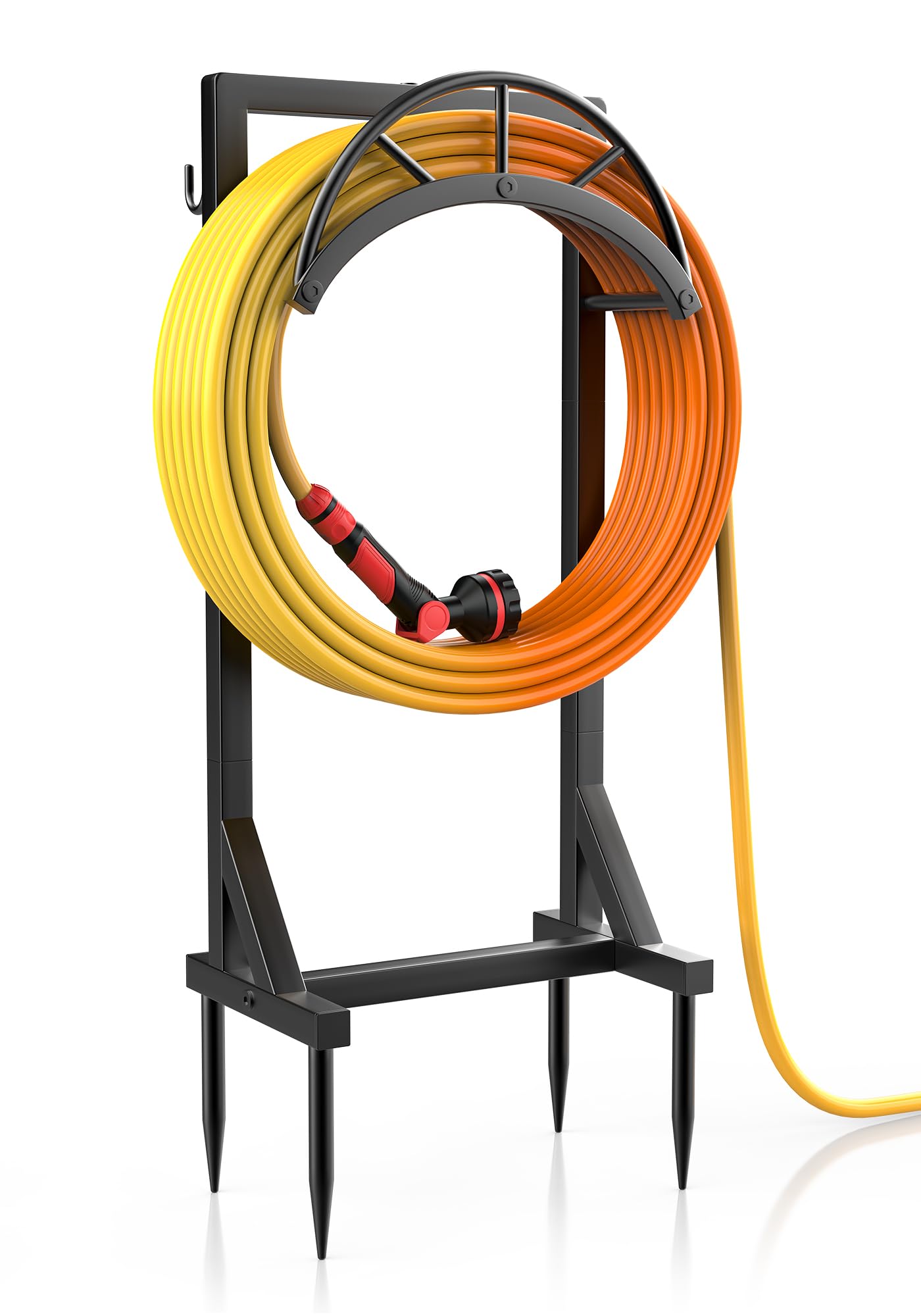 Photo 1 of Garden Hose Holder and Hanger, Metal Water Hose Storage Stand, Upgraded Freestanding Water Hose Organizer Rack with 2 Tool Hooks for Outdoor Yards, Farms and Lawns, Black