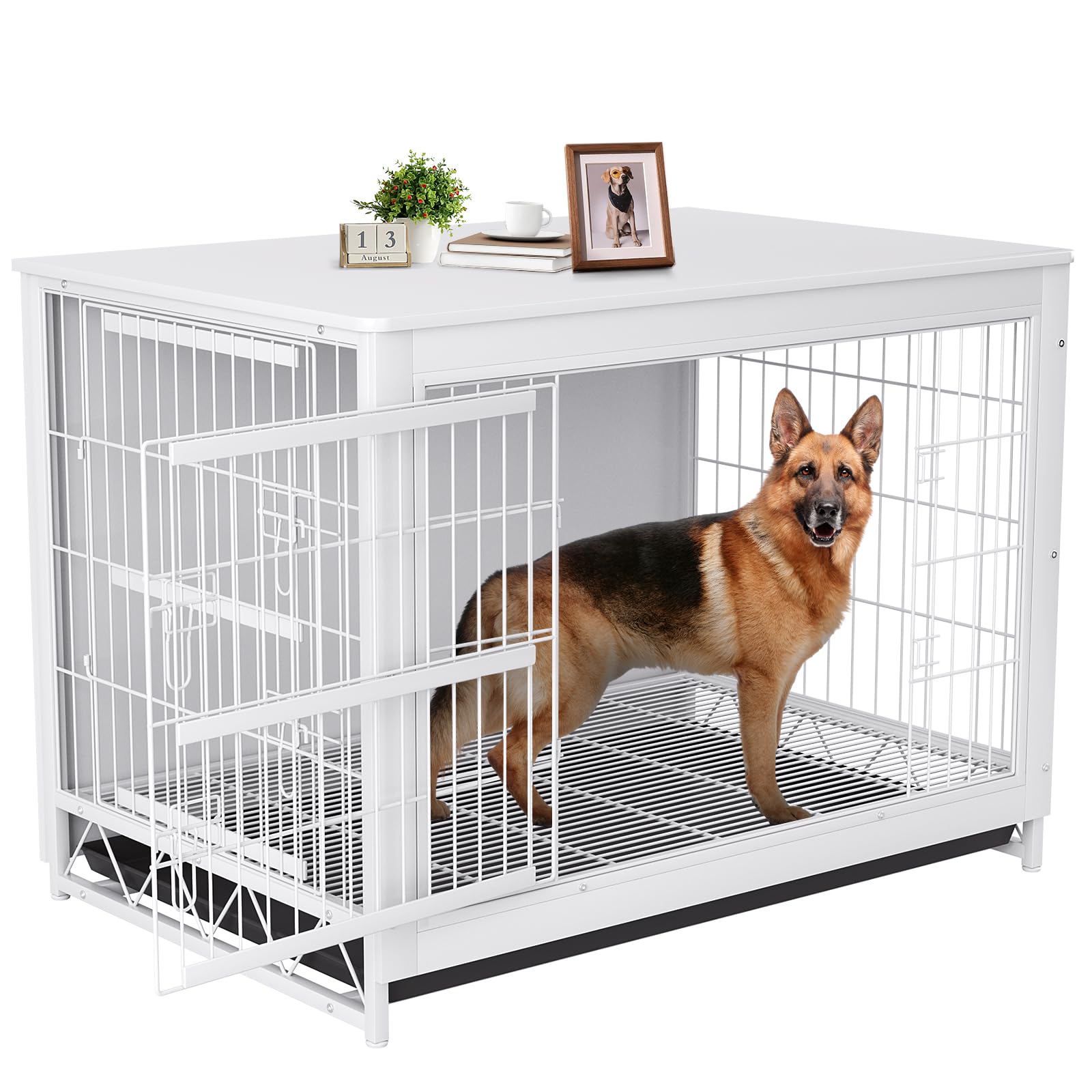 TLSUNNY Dog Crate Furniture, 44.1" Wooden Side End Table, Modern Dog Kennel with Double Doors, Heavy-Duty Dog Cage w/Pull-Out Removable Tray, Indoor