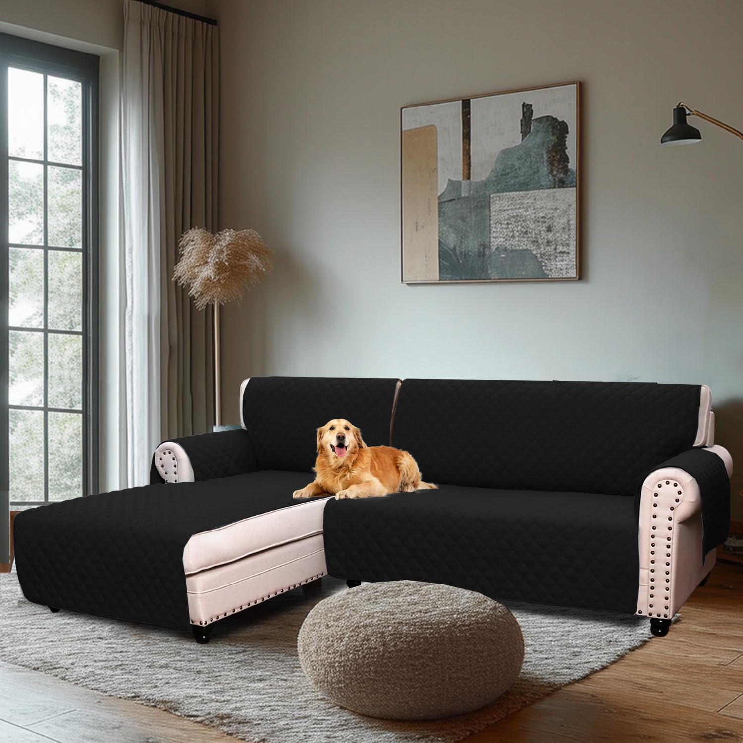 H.Versailtex Water Resistant Sofa Covers for Sectional Sofa 2-Piece Non Slip Corner Sofa Cover Sectional Couch Cover L Shaped for Dogs (Left Chaise Lounge Cover + 3 Seat Sofa Cover, Black)