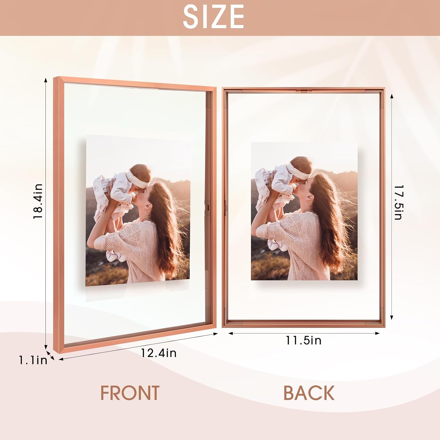 Golden State Art, 12x18 Floating Frame, Rose Gold Aluminum Picture Frame, Clear Glass Display Any Size Photo Up to 12x18, Home Gallery Wall Decoration, Display Horizontal and Vertical