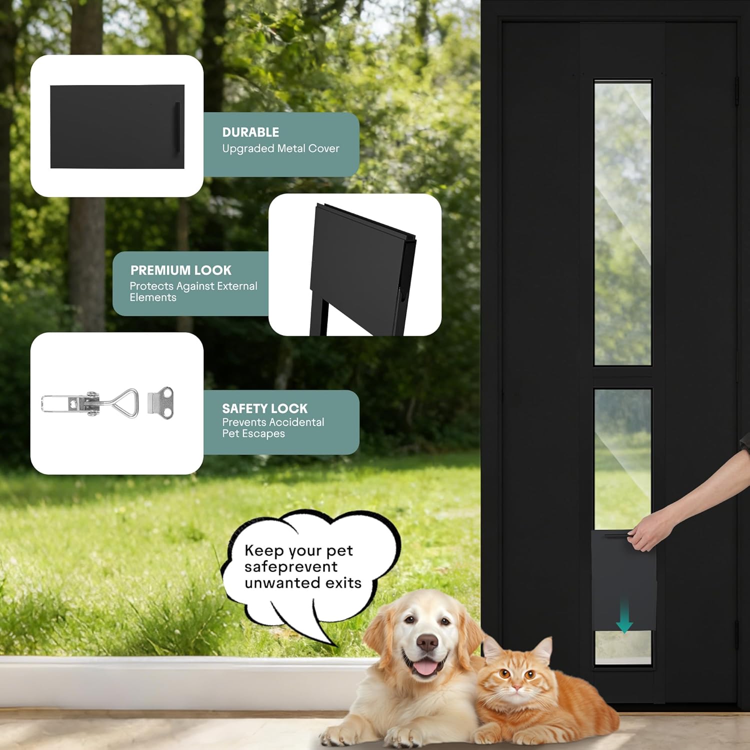 Sliding Glass Door Pet Door Insert with Lock – All-Metal Frame & Magnetic Flat Closure, No-Cut Doggie Door for Large Dogs, Adjustable Height (75 7/8" - 81") M-Black