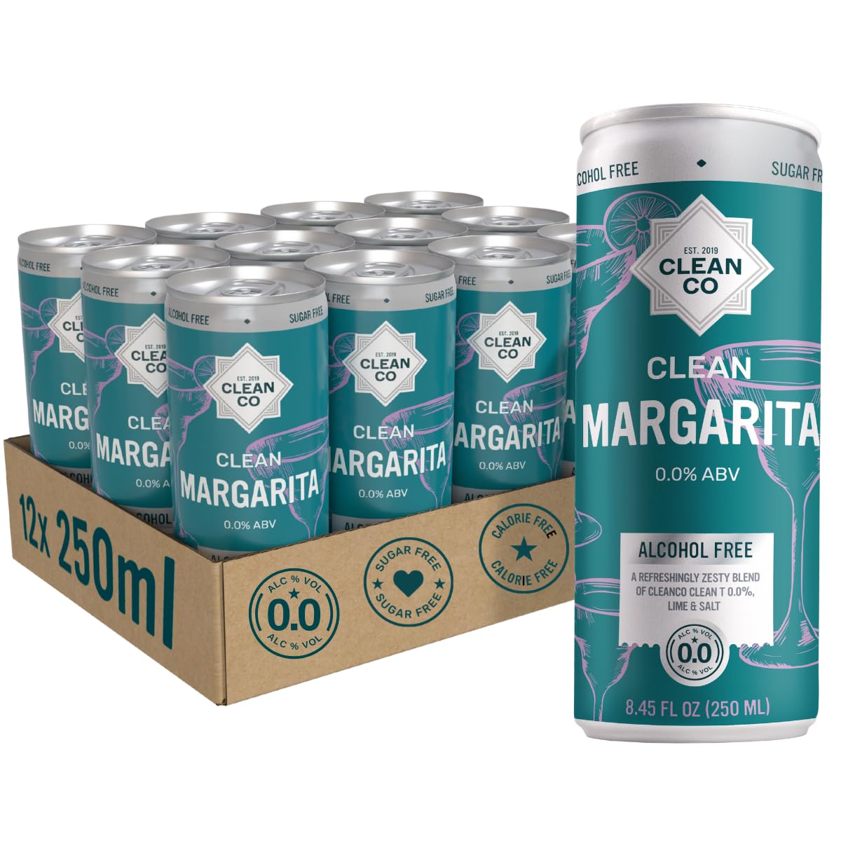 CleanCo 0.0% Margarita Cocktail Cans | Non-Alcoholic RTD | Zesty Lime & Sea Salt | 12 x 250ml