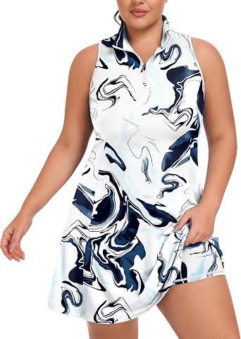 Womens Plus Size Tennis Dress Sleeveless 1/4 Zip Up Athletic Golf Dresses UPF 50+ Summer Floral Vacation Beach Dress