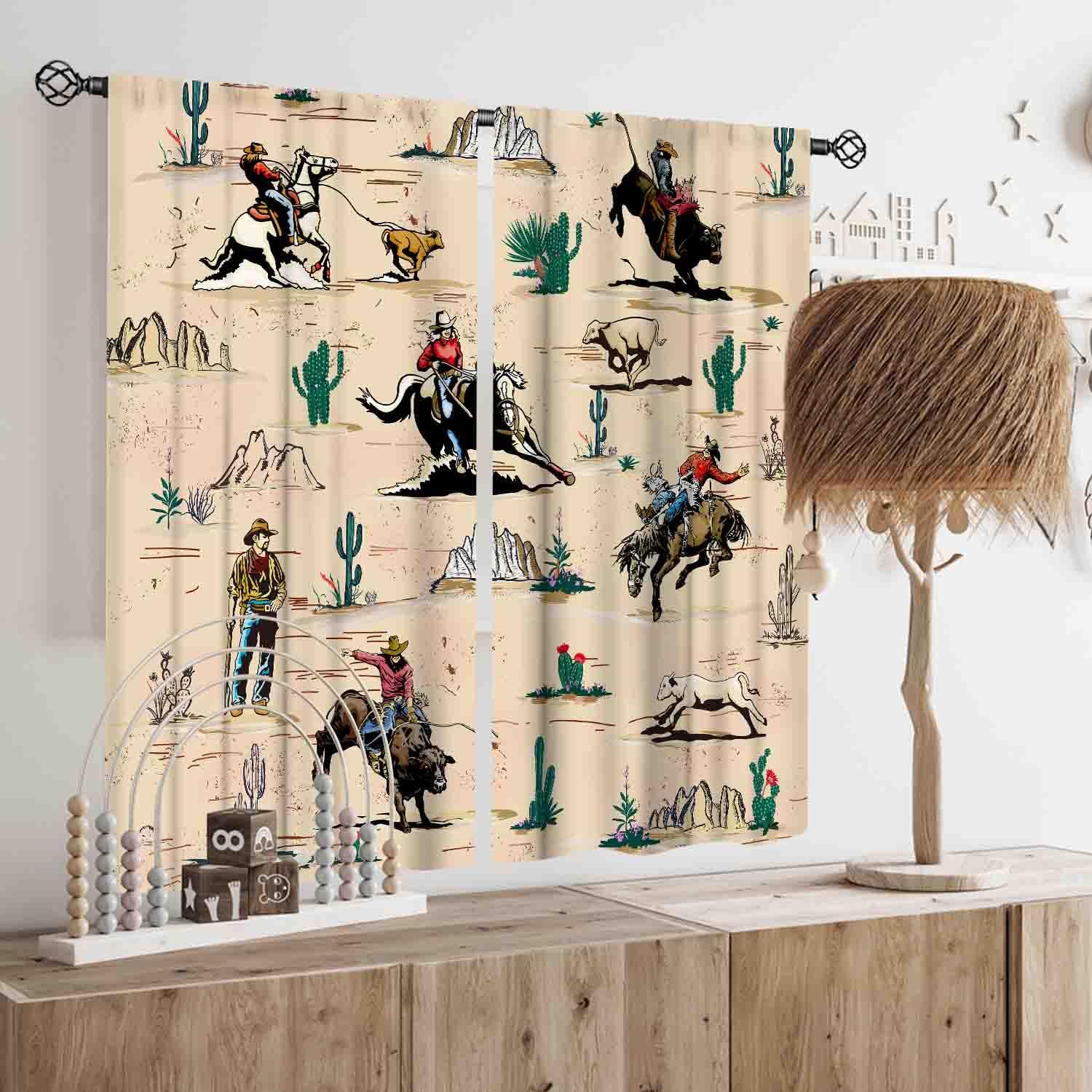 Western Curtains for Bedroom, Rustic Farmhouse Cowboys Riding Horse Wild West Desert Cactus Country Style Blackout Window Drapes Treatments for Living Room Kitchen Bathroom 2 Panels, 42"x54" Inch