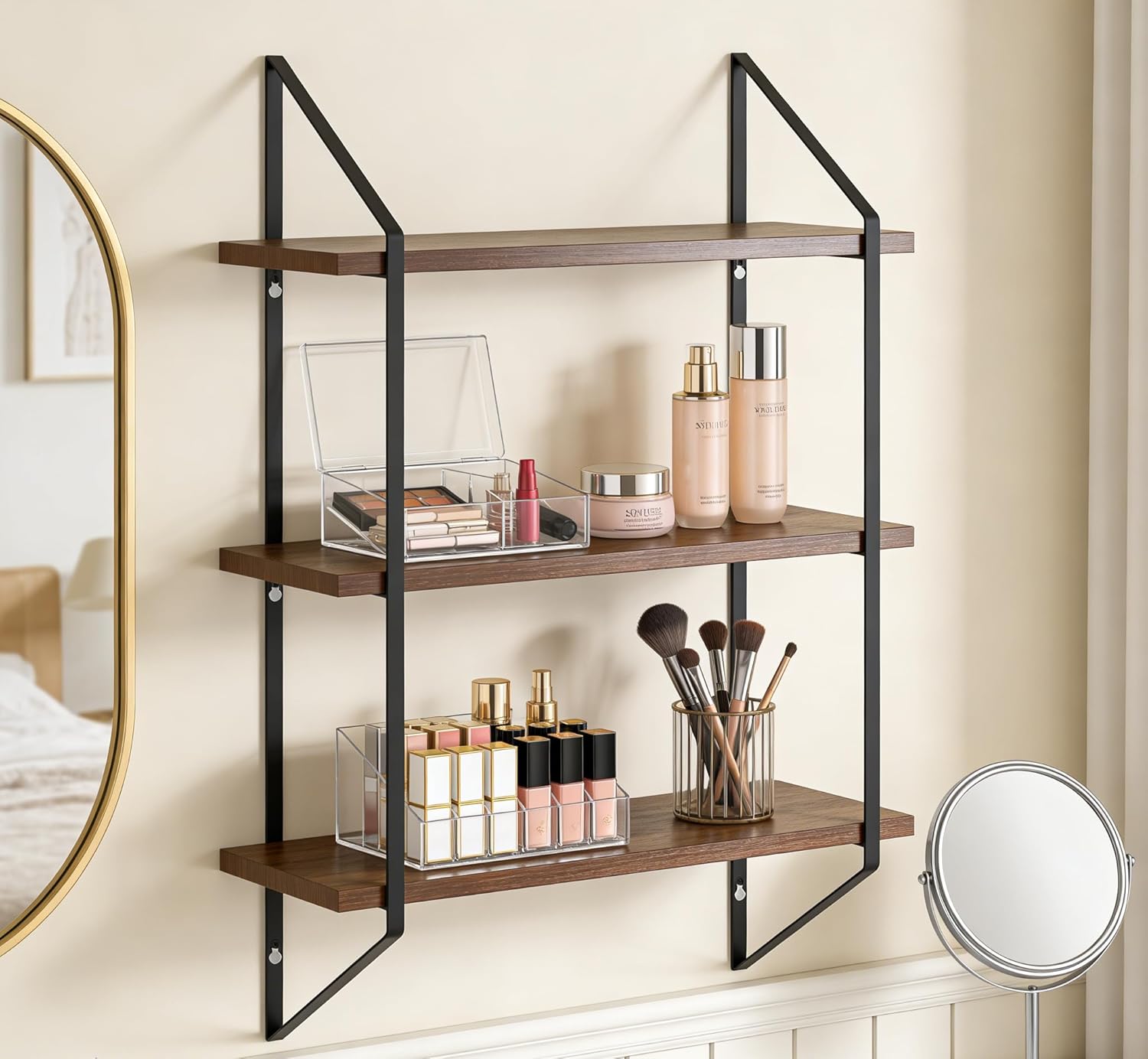 3-Tier 20" W Walnut Board Black Metal Bracket, 20 Inches in Length, 5 Inches in Width, and 23 Inches Modern Wall Shelf for Bathroom Bedroom Living Room Garden