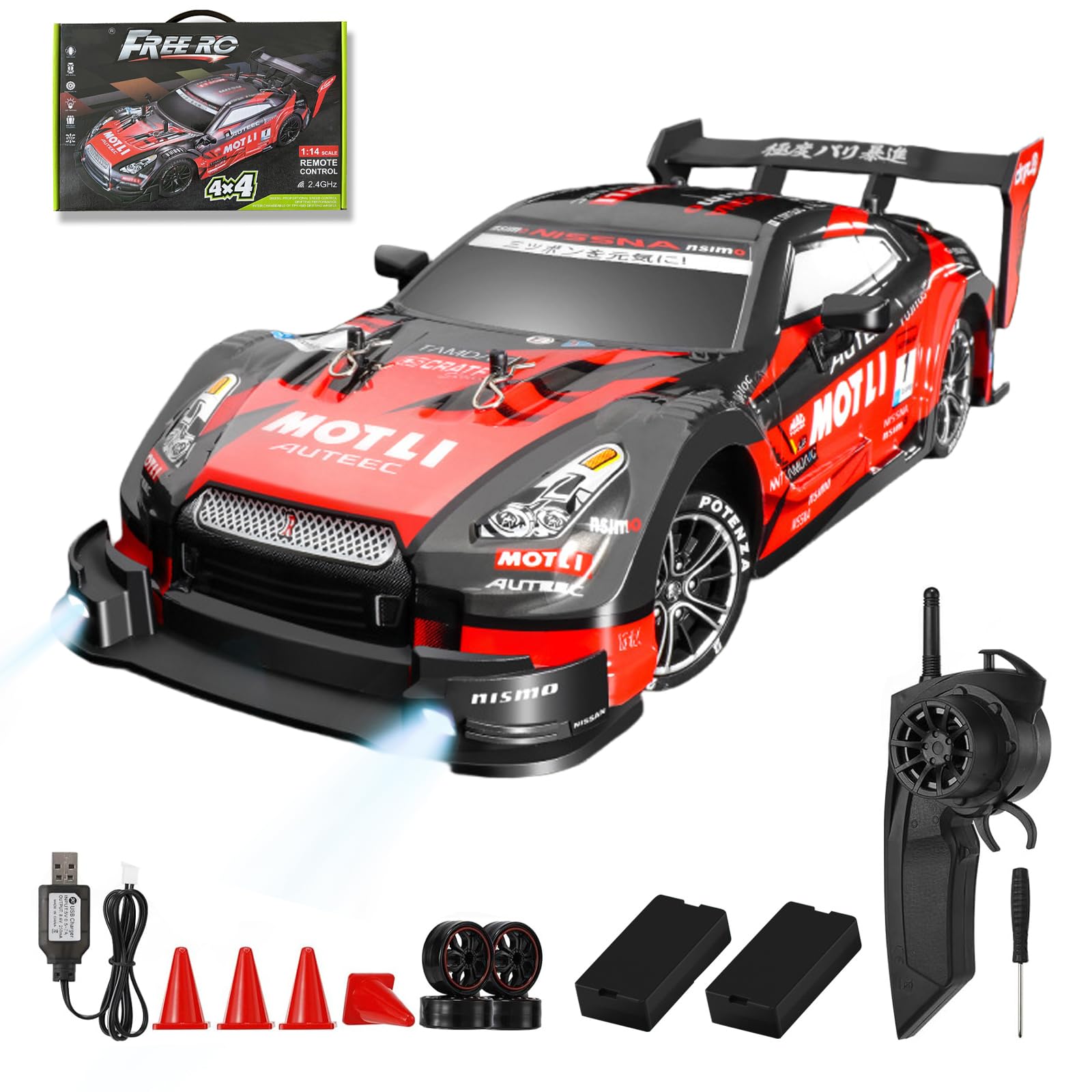 Authticar RC Drift Car, 1:14 Scale GTR Model, 4WD 28KM/H High Speed Remote Control Racing, 2.4GHz Electric Sport Drifting Car with LED Lights Speed ​​Adjustment Gifts for Teens and Adults
