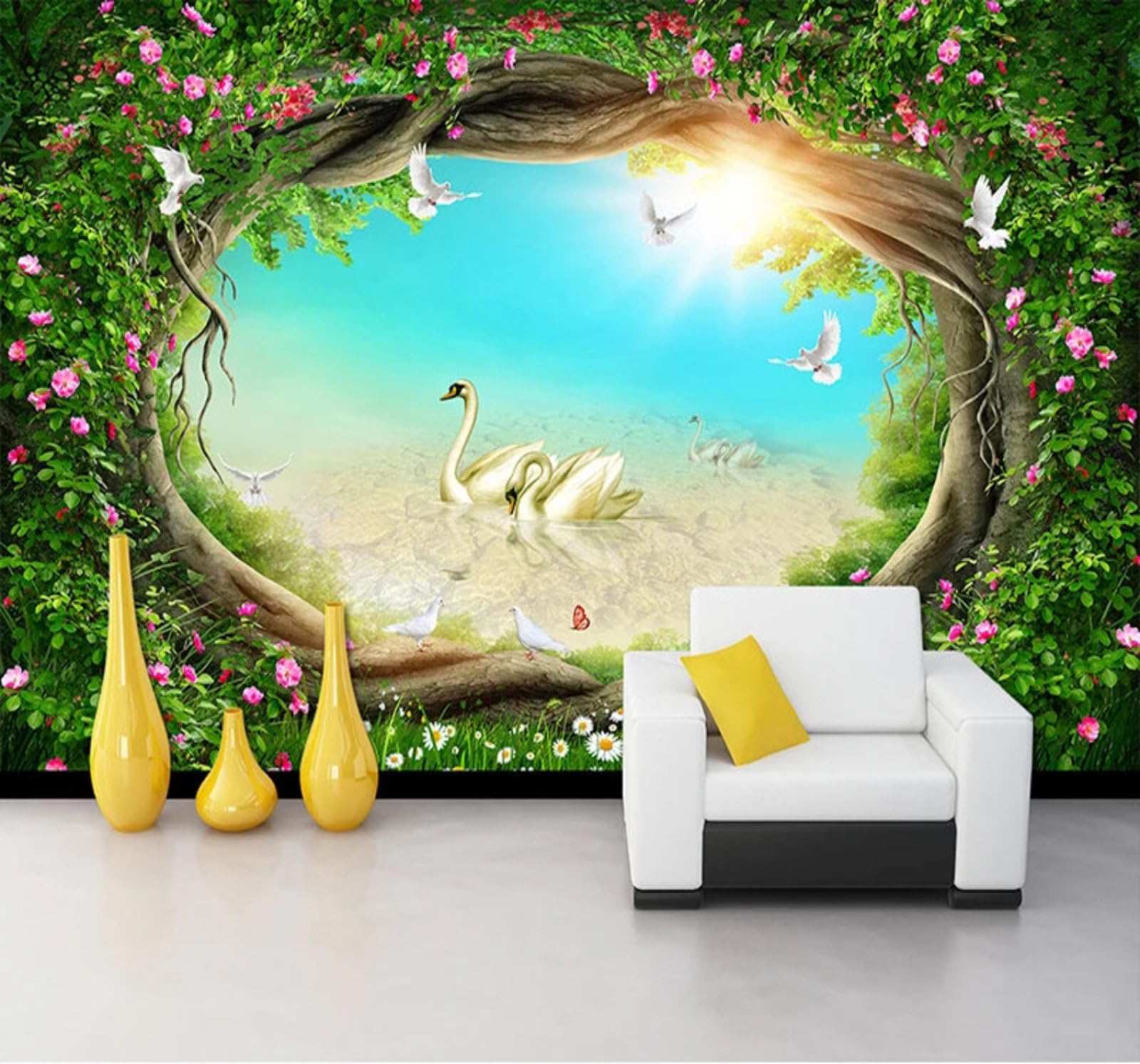 Wallpaper-3D-Xlm 250Cm×170Cm(B×H) Fresh Plants Vines Swans Fairyland 3D Wallpaper Easy Install Feature Office Living Room Sofa Bedroom Tv Background Wall Decoration-250Cm×170Cm