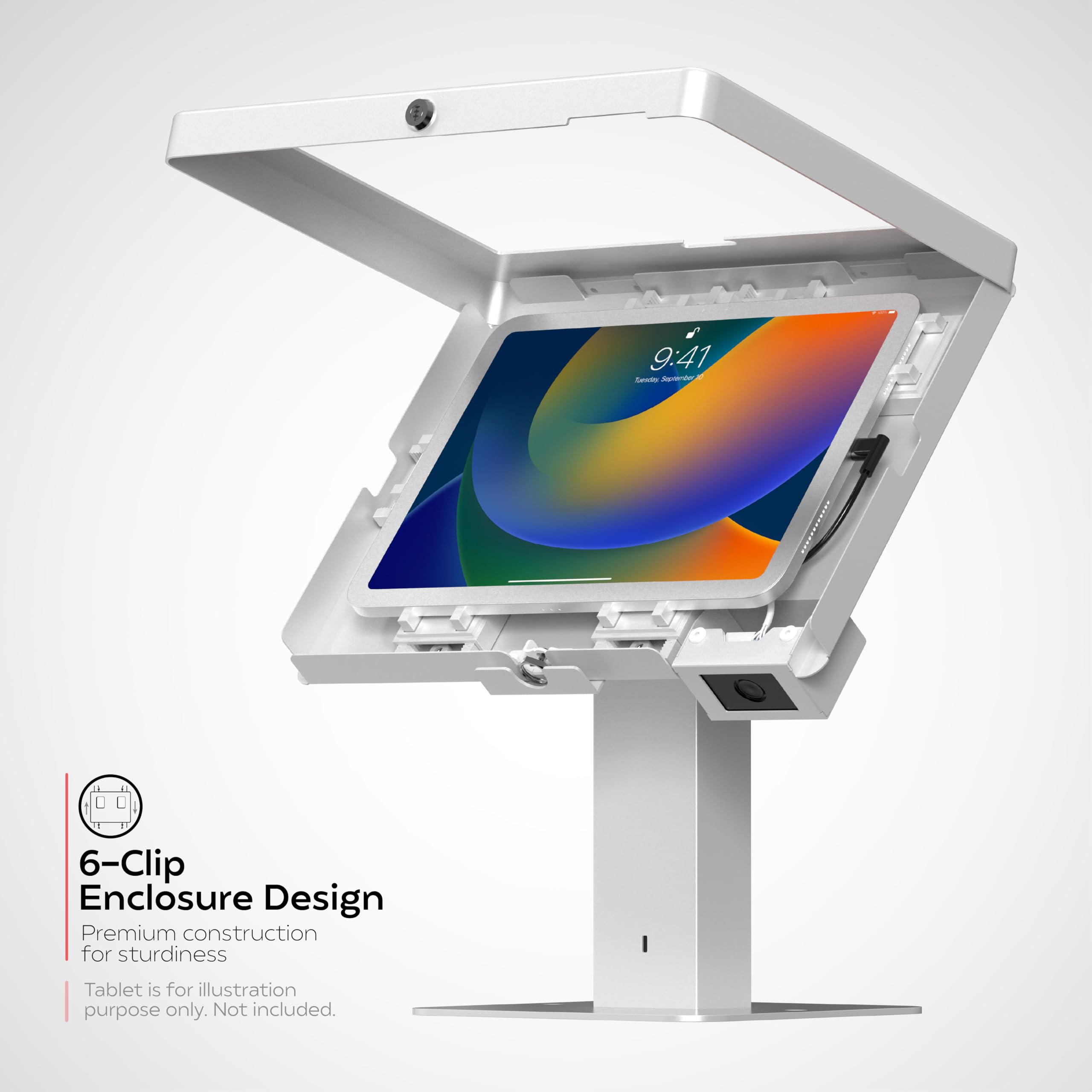CTA Digital Supporto da scrivania girevole elegante con custodia di sicurezza e scanner di codici a barre per iPad 10a generazione A16, iPad Air 11" M3 e M2, Pro 11", Galaxy Tab A7 e altri, bianco