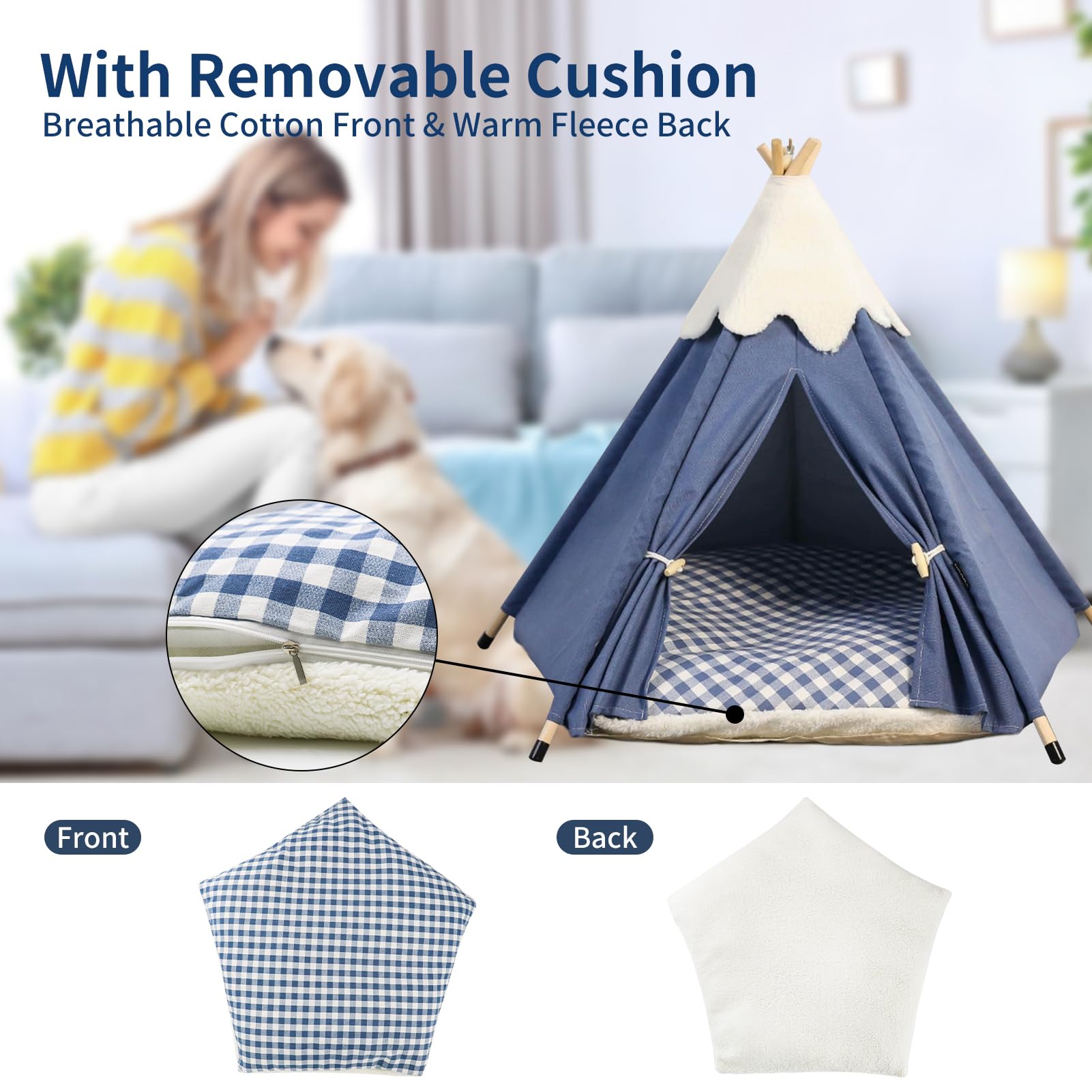 GIBZ Tenda per Animali Domestici con Cuscino Rimovibile Graziosa Casetta Cani Lavabile Tende Gatti in Tela per Interni ed Esterni, Blu Navy, M