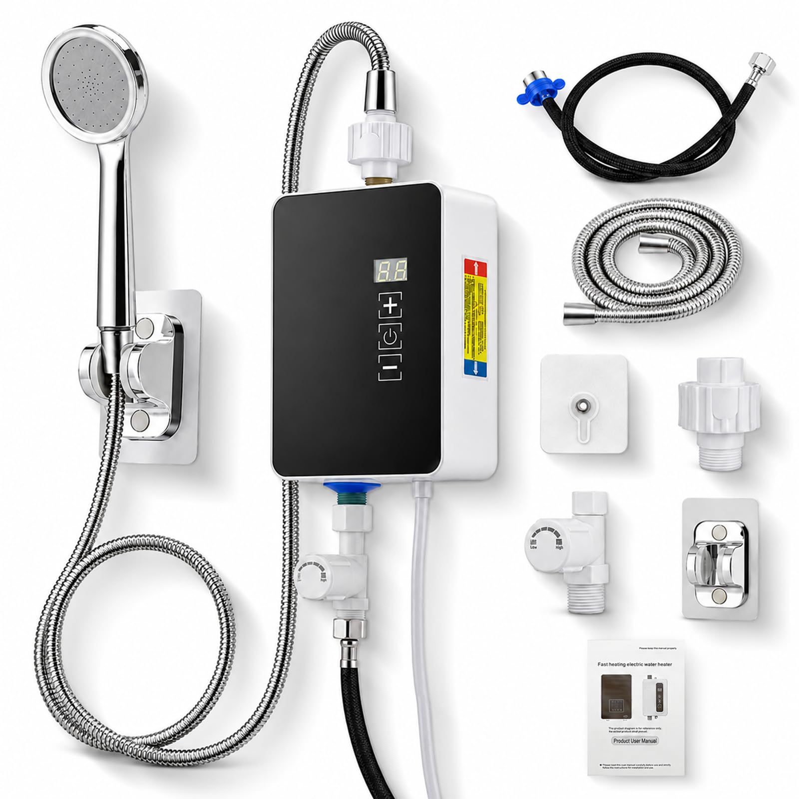 Mini calentador de agua instantáneo, 5500 W, 220 V, con kit de ducha y pantalla LCD de temperatura, ajustable a 30 – 55 °C, sistema de agua caliente para cocina, baño, lavabo