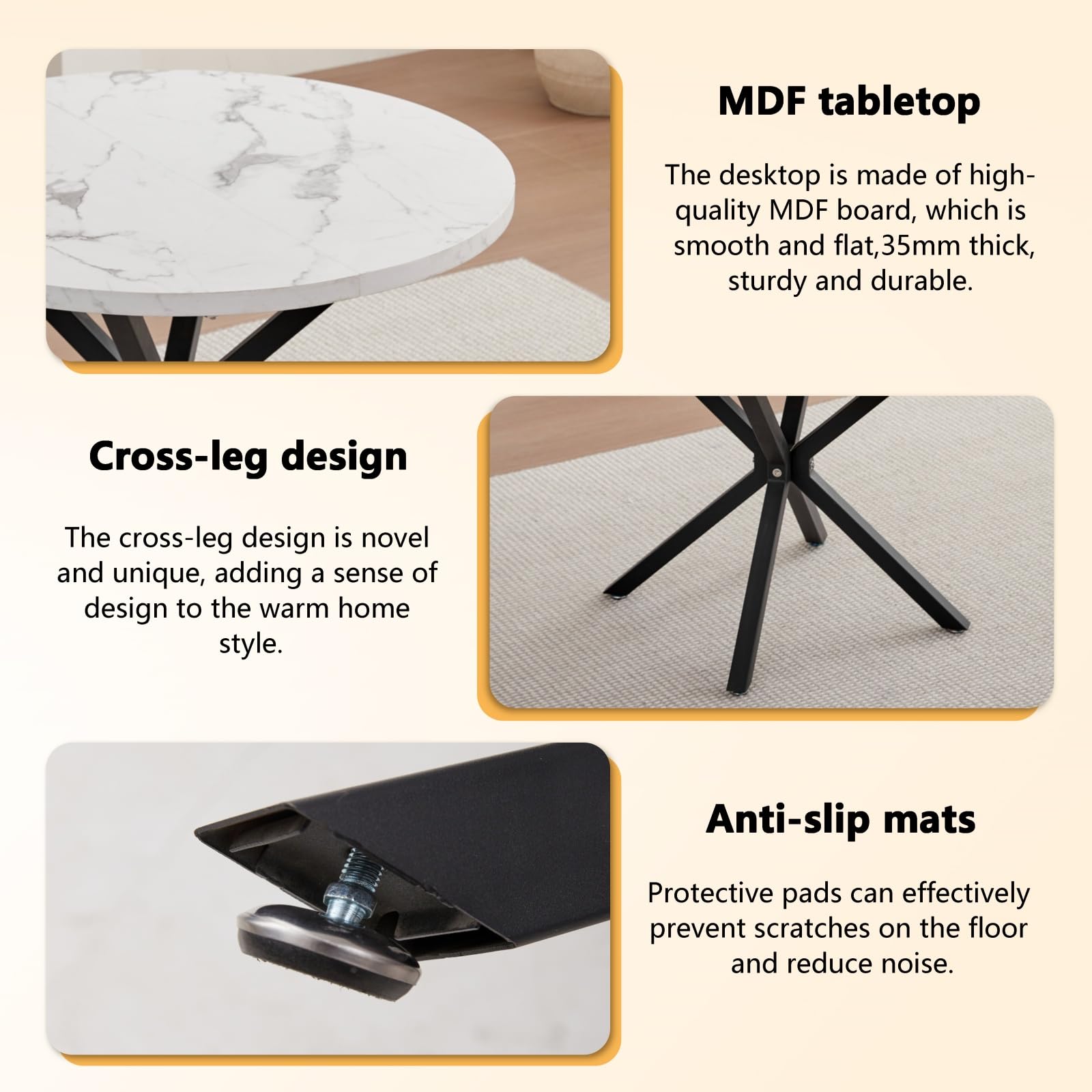 GrandCA HOME Juego de Mesa y Sillas de Comedor, 4 Sillas de Lino Color Gris Oscuro y una Mesa de Comedor Redonda Moderna de 100 cm, Ideal para Cocina, Salón y Cafetería (Diseño de Mármol Blanco 1)