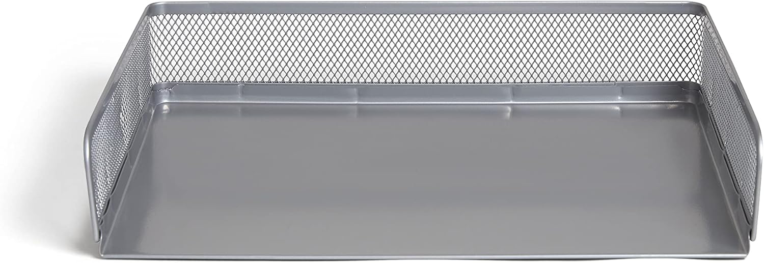 TRU RED Side‑Load Stackable Metal Letter Tray, Silver – Desktop Paper Organizer for Office Files & Documents