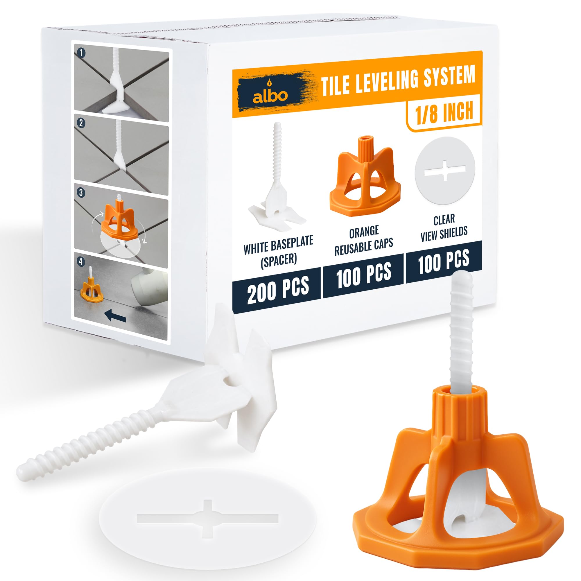 ALBO Tile Leveling System Set 1/8 inch - 400 PCS - Professional Floor & Wall Spacer Kit with Reusable Caps & Protection Plates - Anti-Lippage Installation Tools for Large and Small Tile Formats