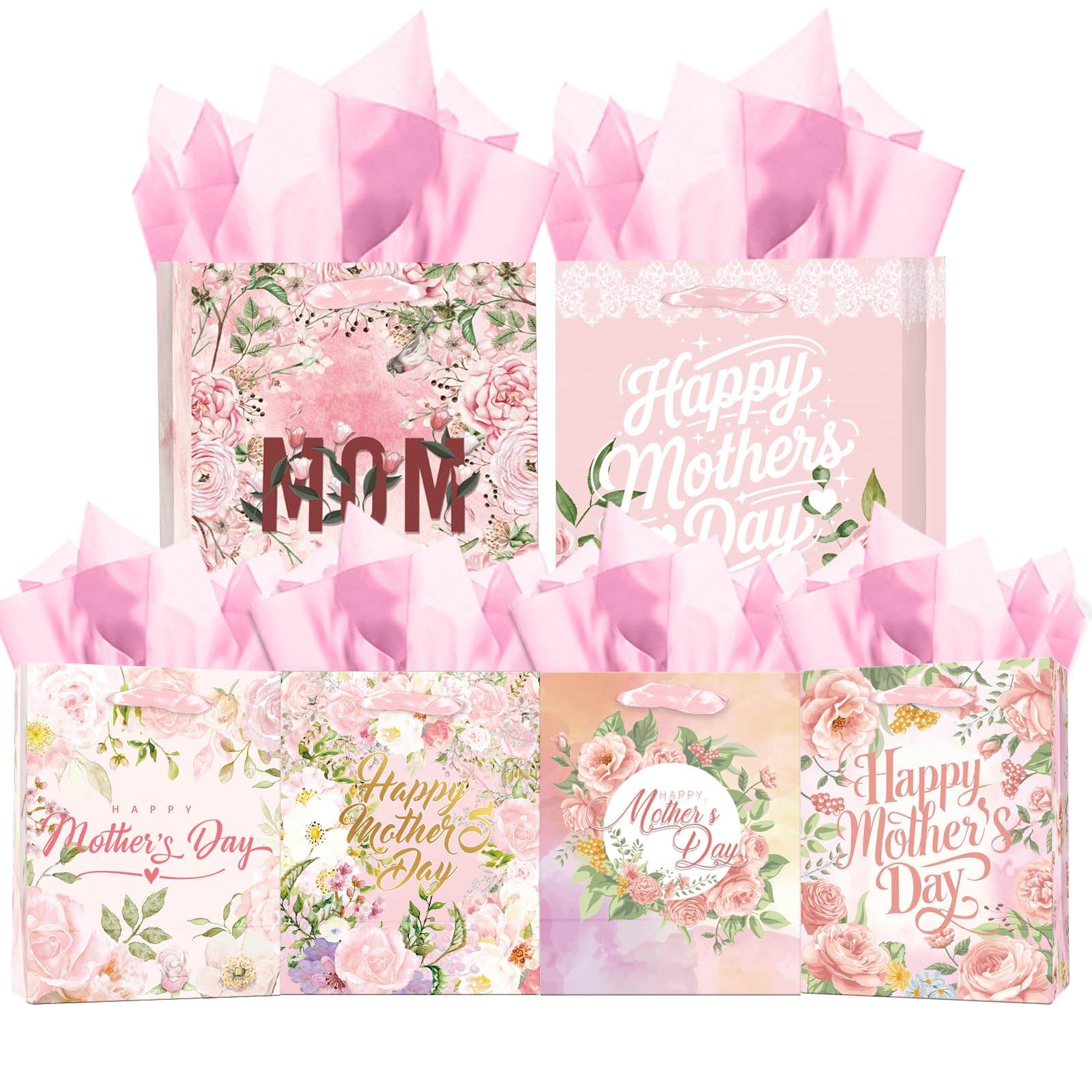 qiqee Pink Assorted Mother's Day Paper Bags with Tissue Paper 6PCS Cardboard Gift Bags for Women Mom Grandma Party Supply (4 PCS Medium Size+2 PCS Large Size+ Tissue Paper)