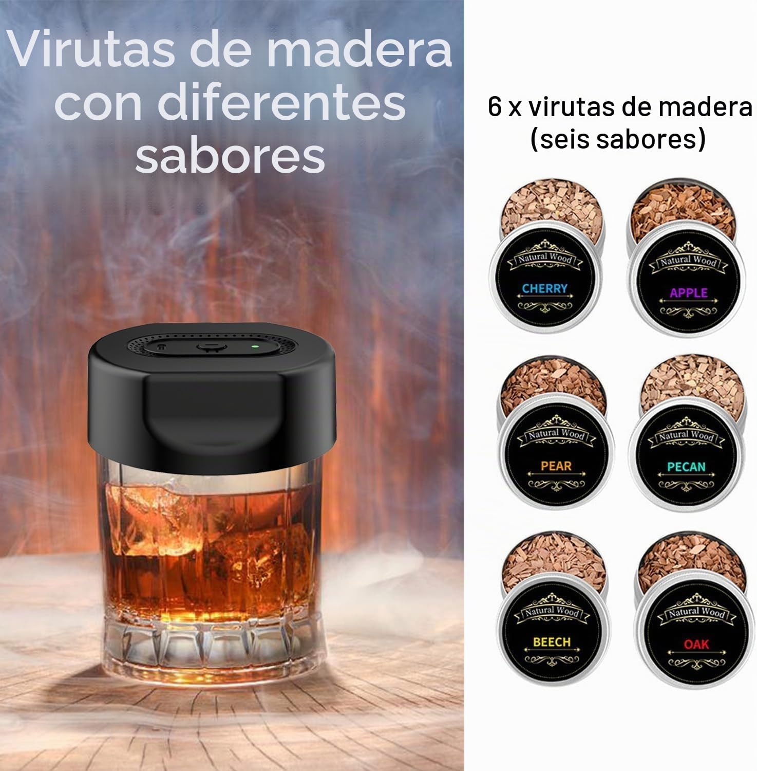 QUMOX Kit Ahumador para Cócteles con 6 Sabores de Virutas de Madera – KZ-31 Ahumador para Whisky Recargable USB-C, Apagado Automático, Sin Butano, Idea de Regalo para Amantes de los Cócteles