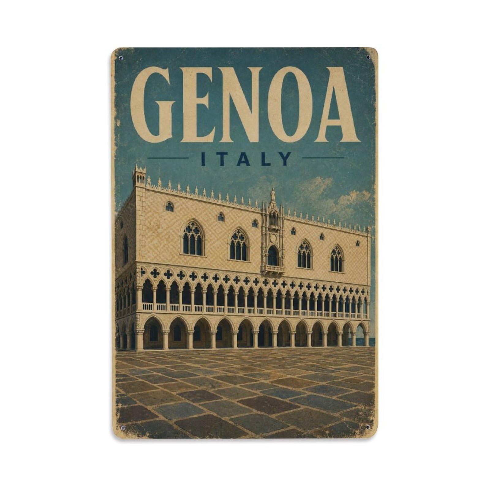 Travel Vintage Italy Genoa Metal Tin Sign Plaque Wall Decor for Cafe, Club Bar, Office, Garden Metal Poster 8x12Inch