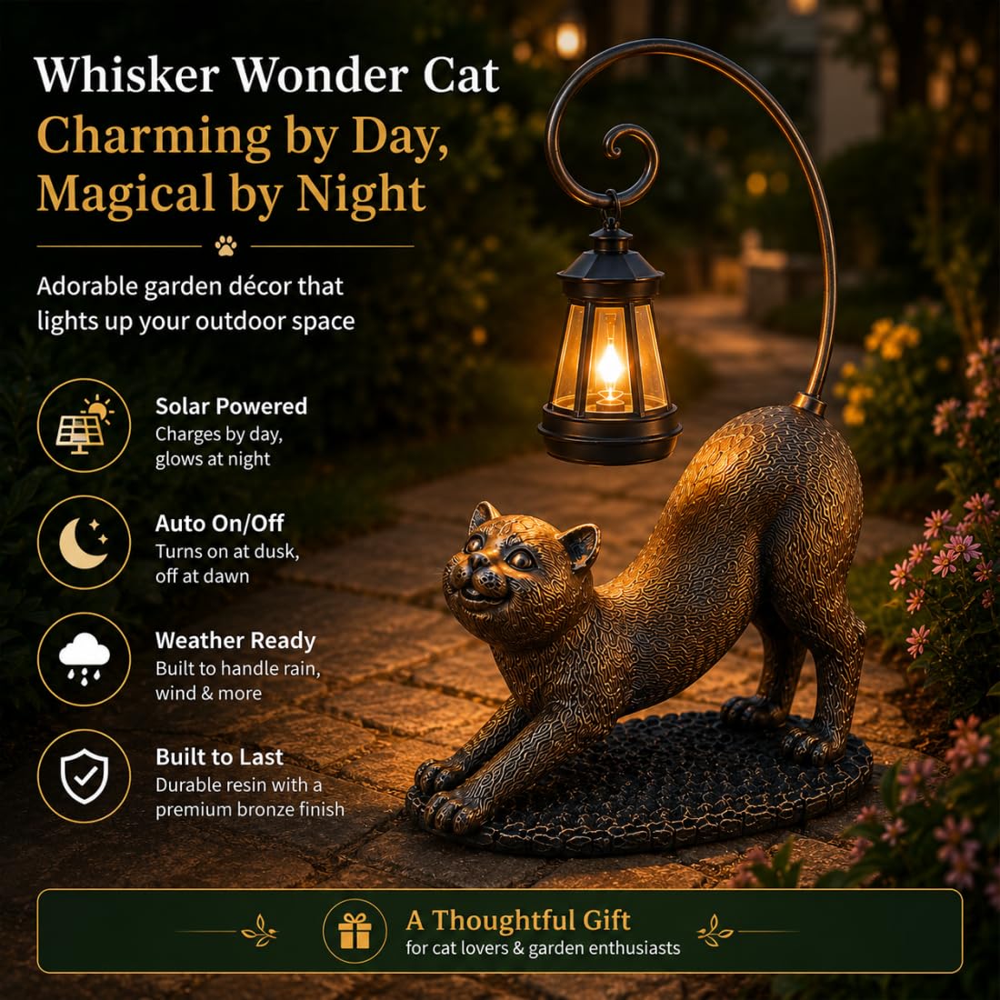 Whisker Wonder Katzenstatue, Solar Katzen Gartenfigur LED wasserdichte Skulpturen Leuchten, Süße Katzenlampe für Outdoor Katzendeko, Harz Katzenstatue Außendeko für Garten (B)