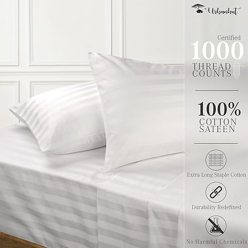 Miniatura 2 de URBANHUT Sábanas de algodón egipcio de 1000 hilos, damasco a rayas, tamaño King, fibras largas, suaves y transpirables, juego de sábanas de 4