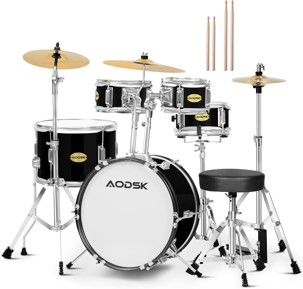 5 tambores y 3 platillos Juego de batería de 14 pulgadas, kit completo con trono y baquetas | Todo el hardware incluido, taburete ajustable, pedal de bajo, perfecto para jóvenes principiantes, clase de música, regalo navideño, fácil configuración