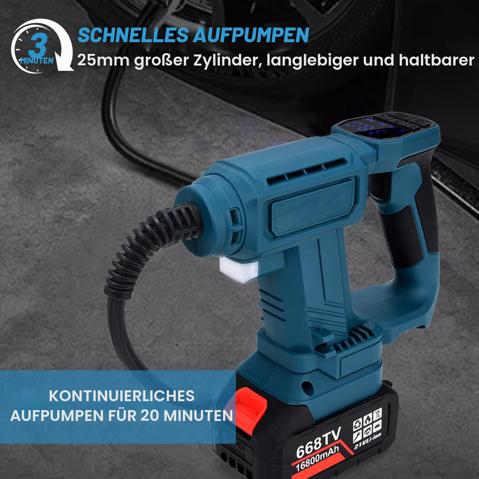 Akku Kompressor kompatibel mit Makita 18V Akku,Bürstenlosem Autokompressor mit Digitalem Manometer,150PSI,LED-Licht & Autostopp, für Auto,Motorrad, Fahrrad, Sportbälle (Ohne Akku)