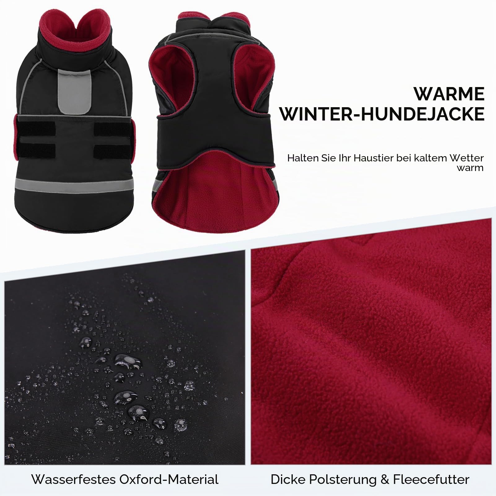 CITÉTOILE Wasserdichter Hundemantel mit Leinenöffnung Schwarz L | Zweifarbige Hundejacke mit Klettverschluss, Warm Winter Hundekleidung mit Reflektoren, Wintermantel mit Bauchschutz für Hunde