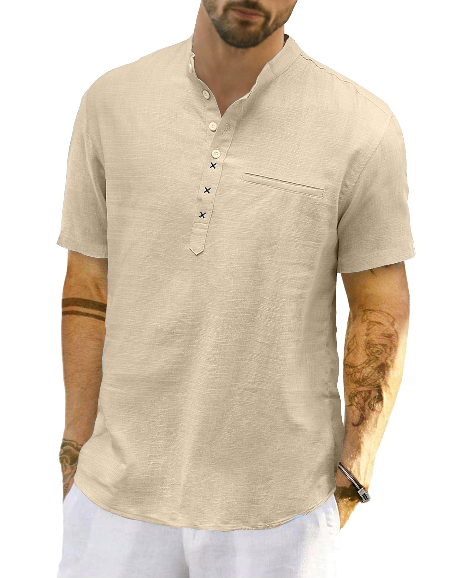 LVCBL Linenhemd Herren Kurzarm Leinen Kurzarm Henley Hemd Sommer Leicht Banded Collar Strand Tops M-3XL
