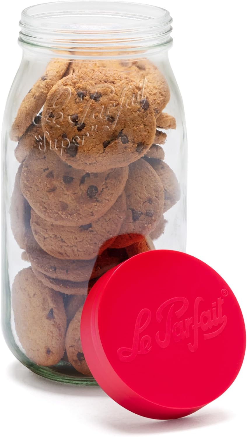 Le Parfait Screw Top Jar Wide Mouth French Glass Jar | Ideal for Food and Soup Storage, Canning, Flour, Brown Sugar, and other Baking Supplies (2L/64oz, Pack of 3, Raspberry)