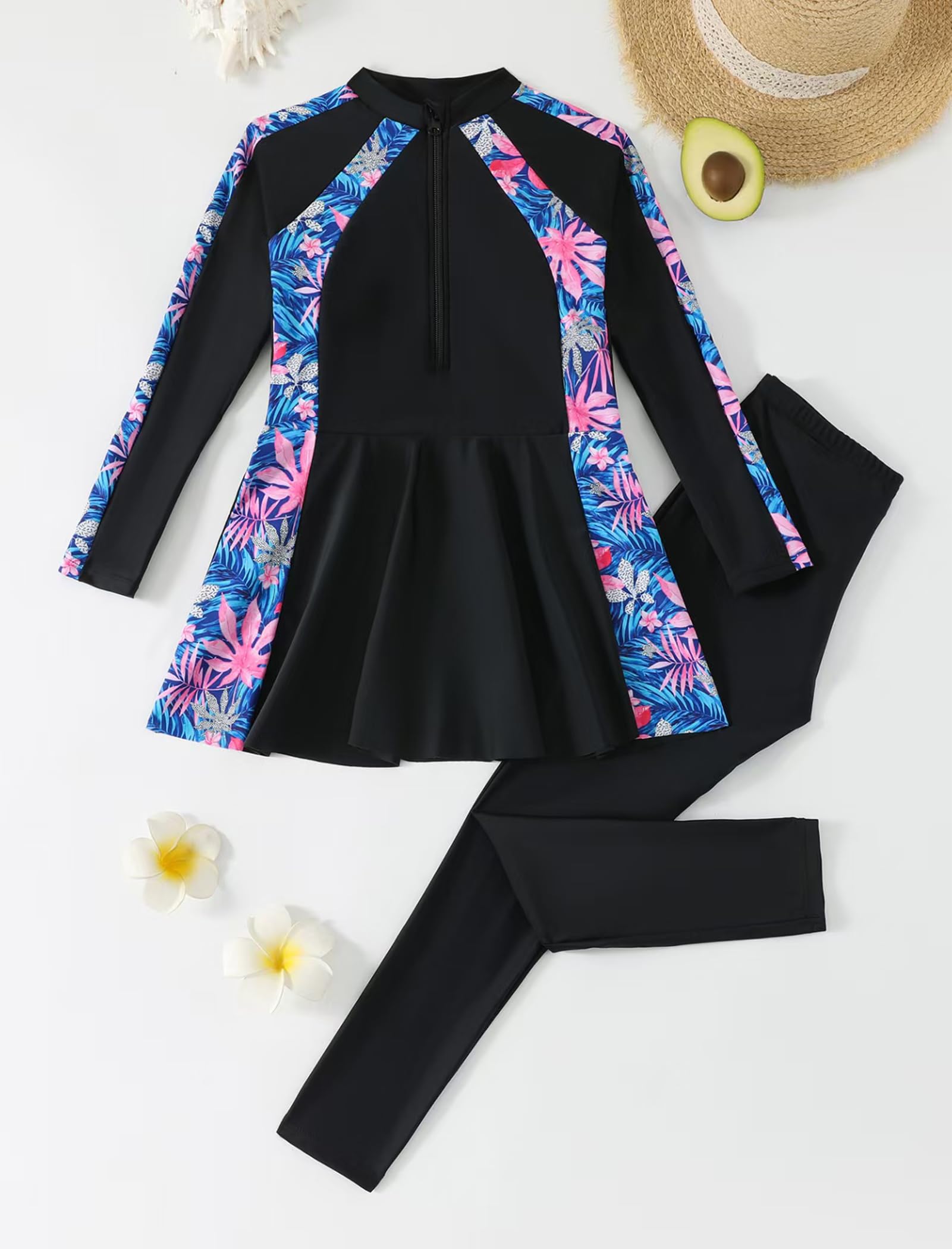 IMEKIS Traje de baño musulmán para niñas de manga larga con estampado tropical y pantalones de natación, 2 piezas, modesto traje de baño para niños de 8 a 12 años