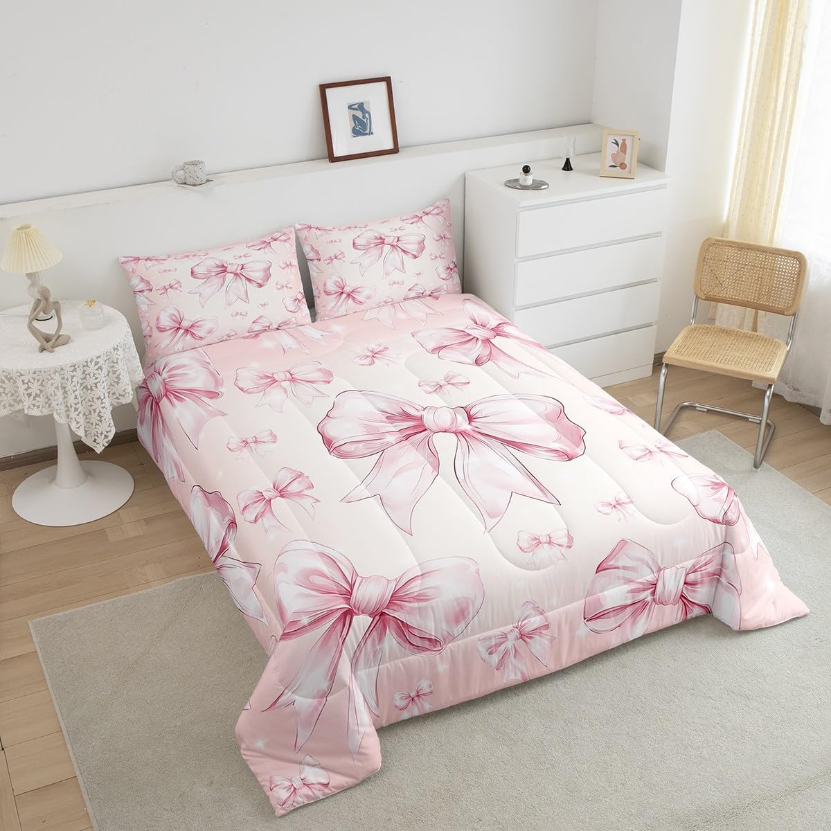 Erosebridal Pink Bow Girls Twin Bedding Set Kawaii Bowknot Comforter Set for Kids Teen Women Bedroom Decor,Glitter Bow Bedding Comforter Sets Dreamy Princess Bowknot Quilt Duvet 1 Pillow Case