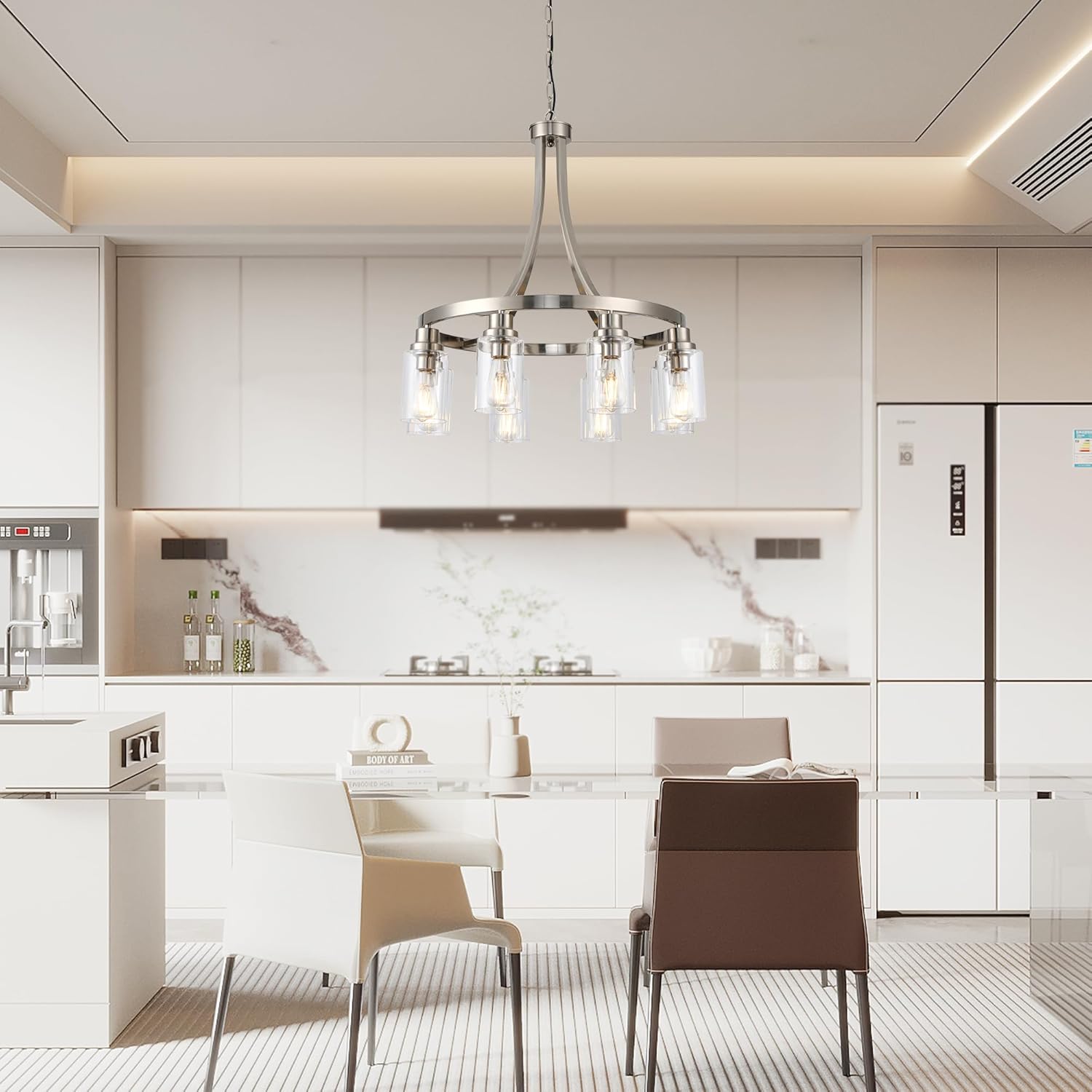 Dining Room Lighting Fixtures Hanging, Brushed Nickel for Kitchen Dining Room Living Room Kitchen Island Linear Pendant 8 Light Chandeliers with Clear Glass Shades