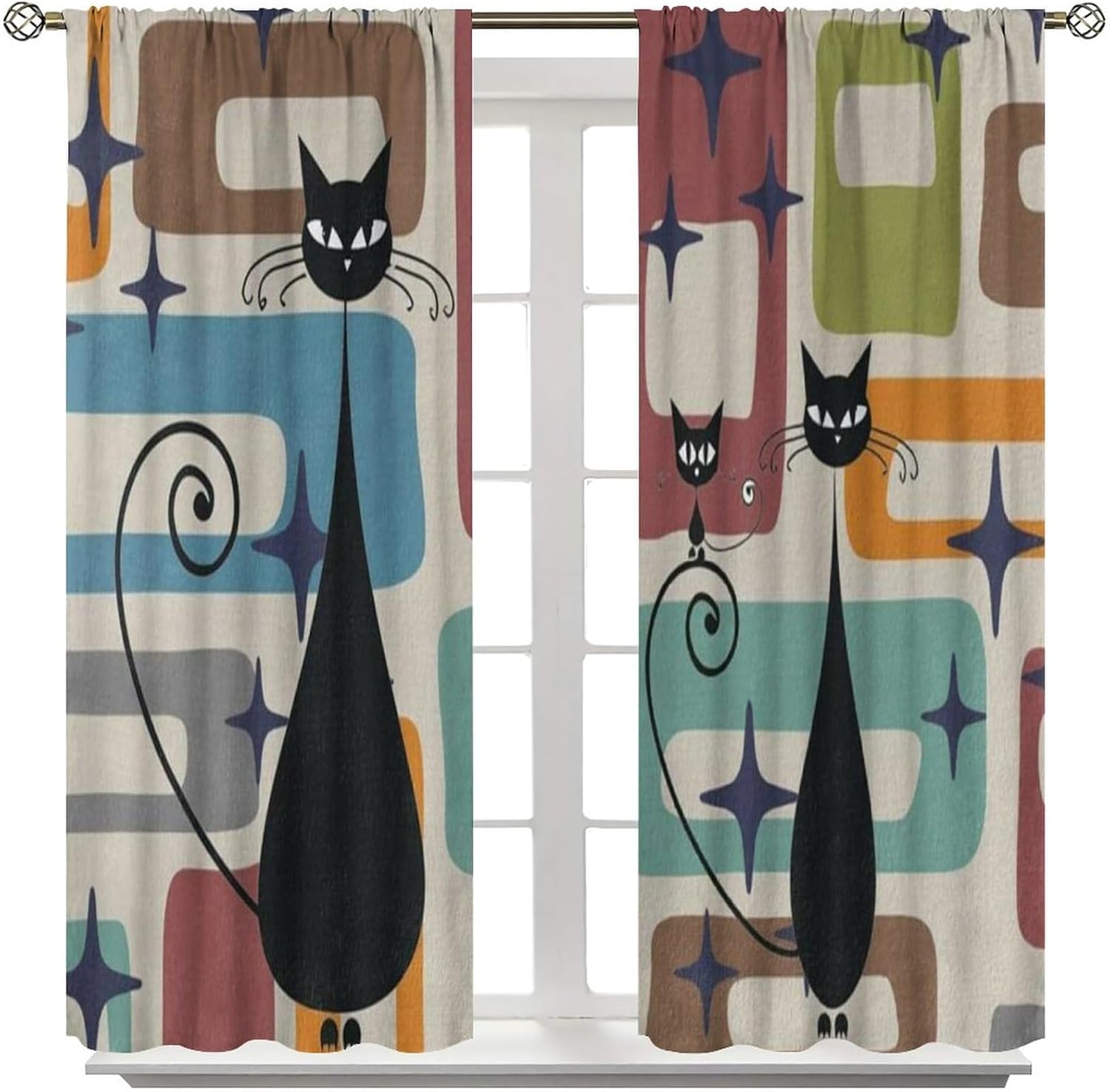 Mid Century Cat Curtains Modern Colorful Abstract Geometric Drop Shapes Window Drapes Retro Bedroom Decor Art Printed Living Room Treatment Fabric 2 Panels 84 (W) x 84(L) Inch Decor