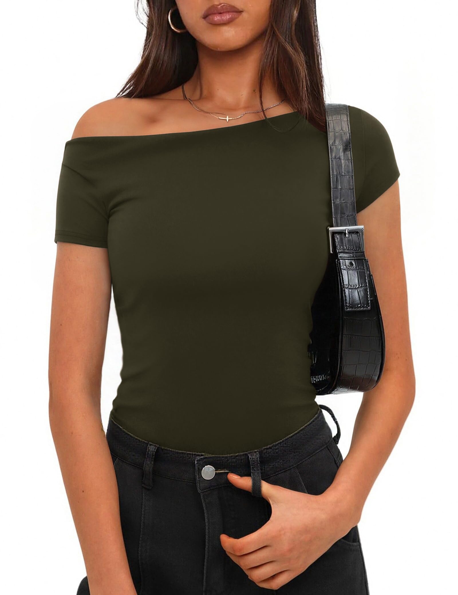 Totatuit Tshirt Damen Kurzarm Sommer Elegant Schulterfreies Oberteil Sexy Lässige Boot-Ausschnitt Bluse Shirts S-XXL