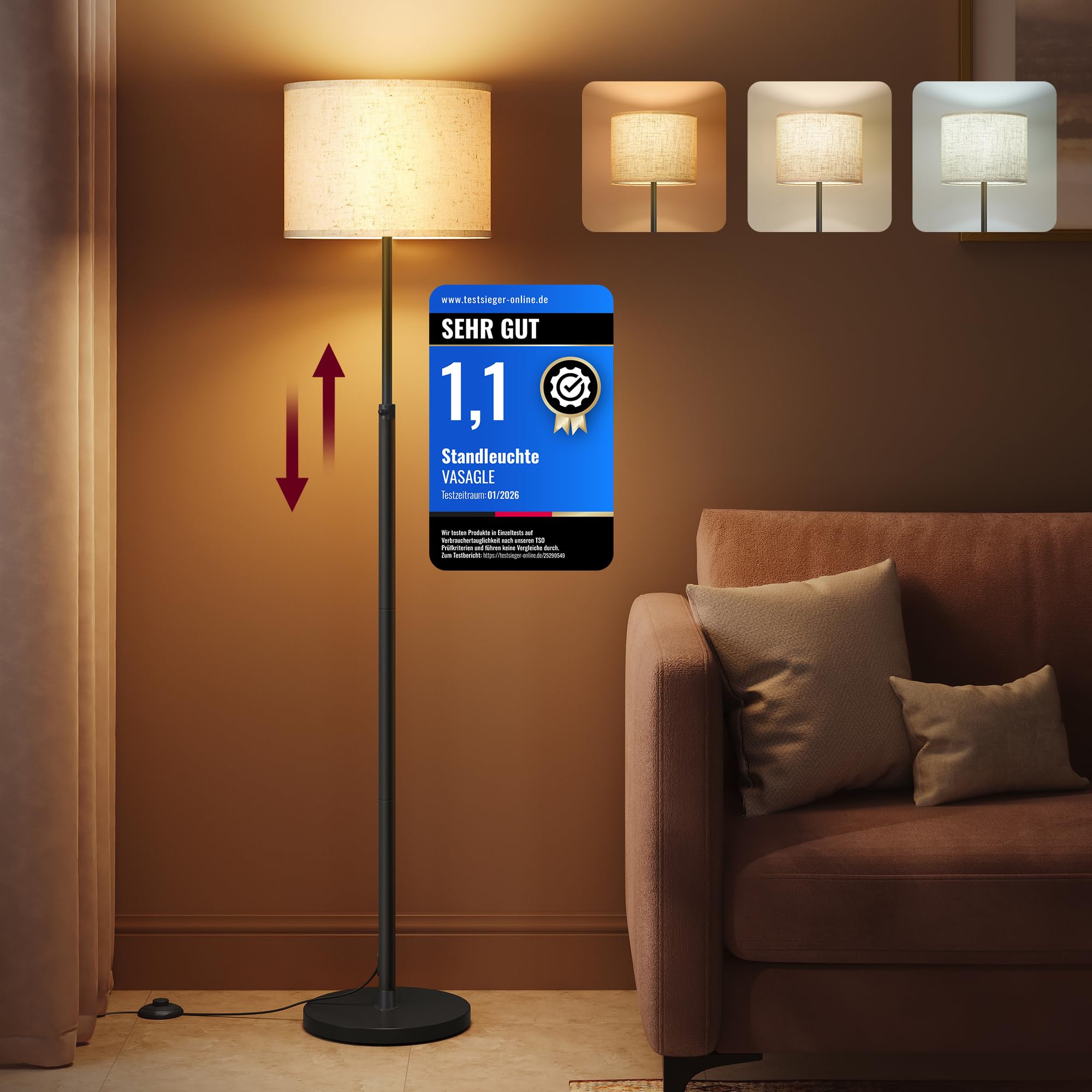 VASAGLE Floor Lamp for Living Room, Adjustable Height 140-170 cm, Modern Standing Lamp with Foot Switch, Fabric Lampshade, E27 Socket, Ink Black LFL002BH03
