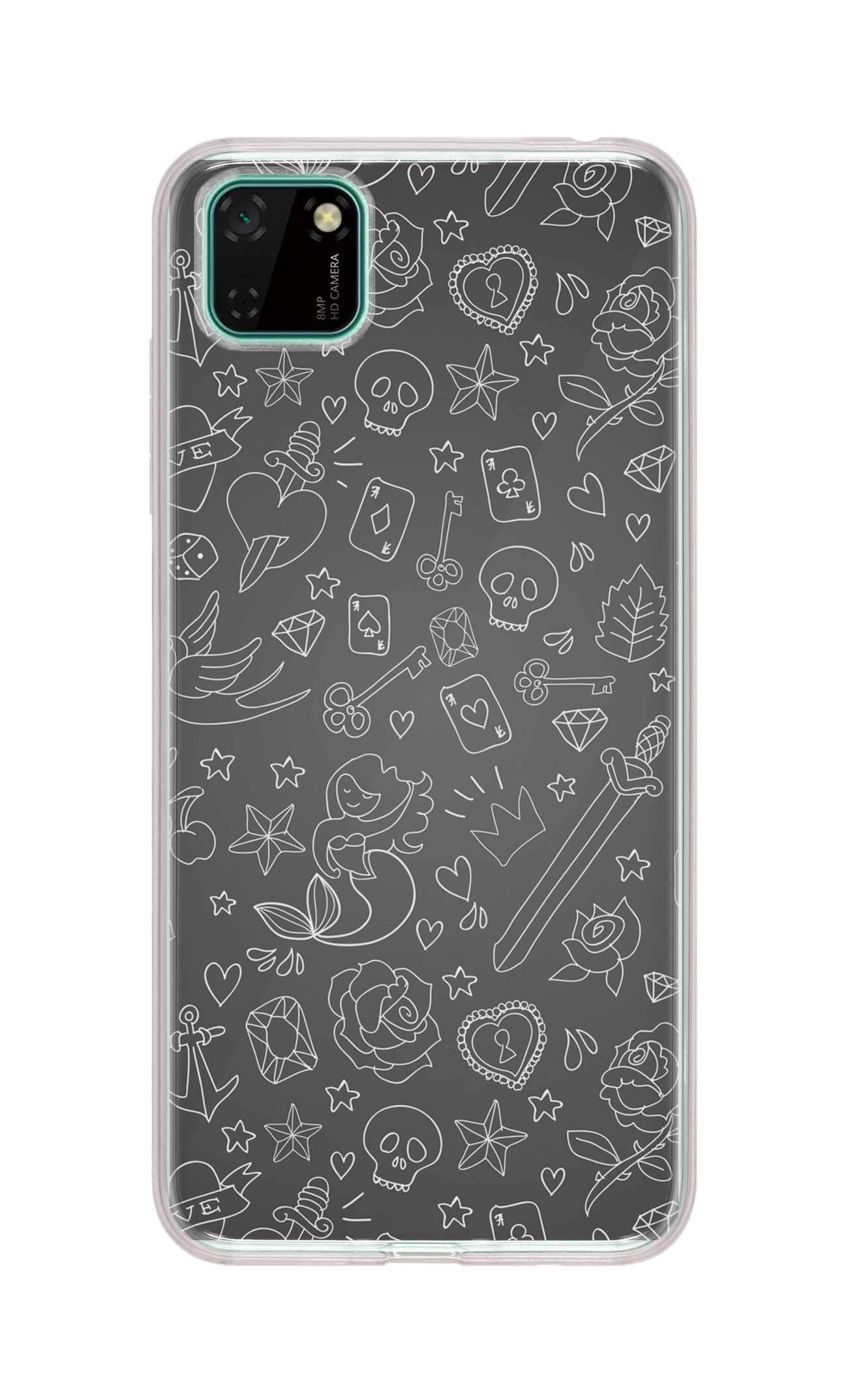 Stylizedd Case Compatible with Huawei Y5p Classic Clear Case Soft TPU Gel Thin Transparent Flexible Cover [ Designed Case for Huawei Y5p ] - Doodles Full Print