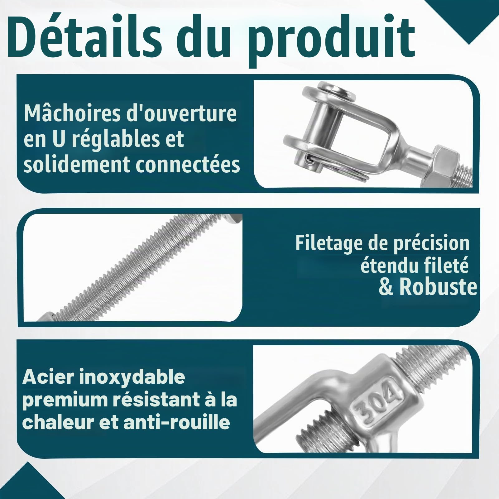 LEONTOOL 2 pcs M12 1/2 "Boucle de rotation Tendeur Mâchoire et tendeur de mâchoire Kit de porte anti-affaissement en acier inoxydable pour fil de câble, voile d’ombrage et tyrolienne de cour