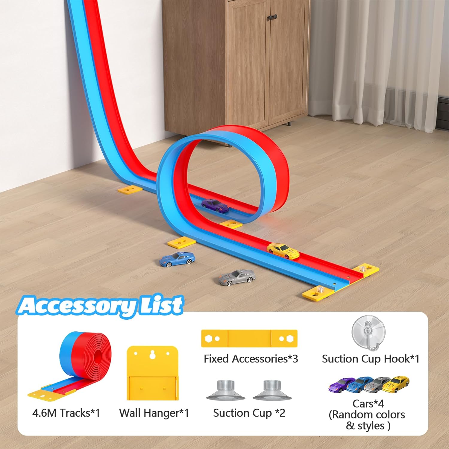 15FT Flexible Race Track with 4 Cars - DIY Car Ramp Track for Jumps, Loops, Ramps - Portable Roll-Up Dual Racetrack for Indoor Outdoor Play, Ages 3+ (Blue+Red)