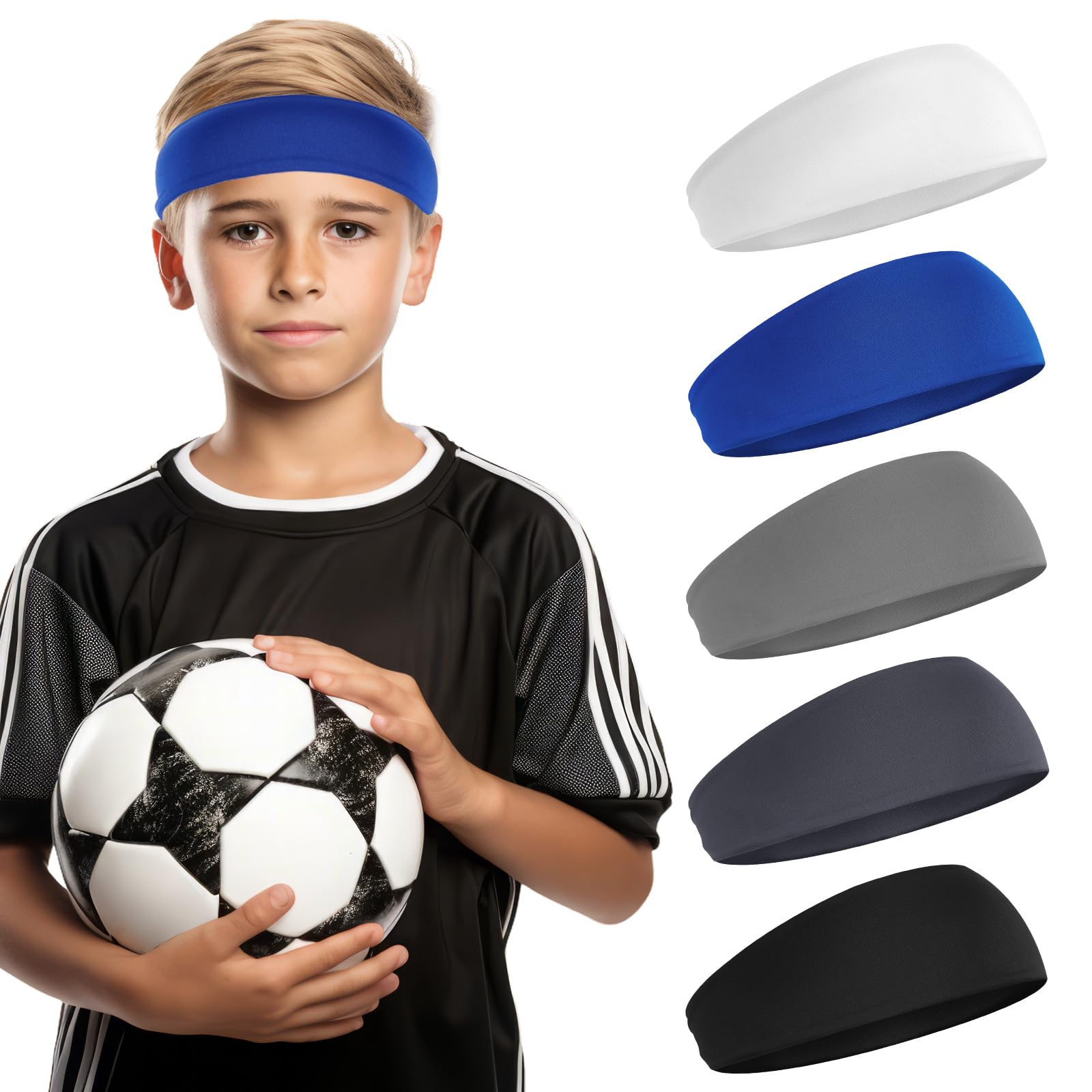 5Pcs Boys Headband, Soccer Headbands for Boys, Sports Headbands for Kids Boy Headbanded for Sport, Kids Sweatbands Breathable Headband for Sports Running Exercise Football - 1