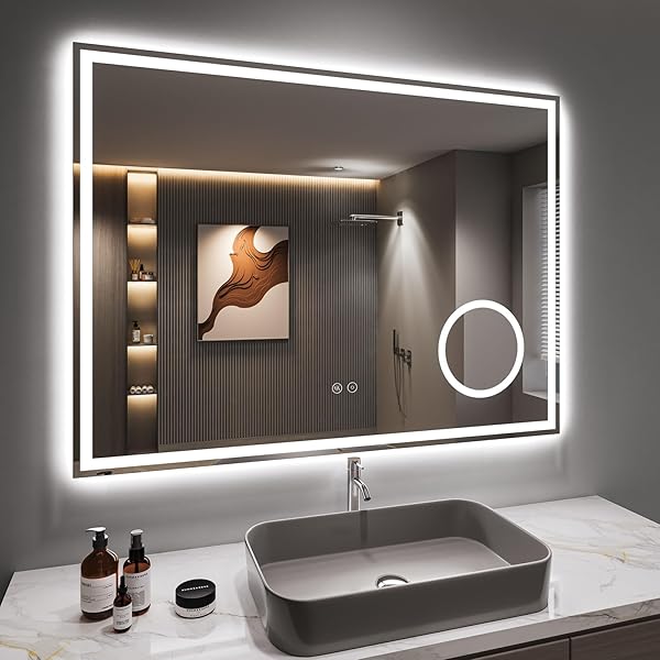 Dripex Badspiegel mit Beleuchtung Led Spiegel mit 3-Fach Schminkspiegel und Steckdose, Dimmbar, 3 Lichtfarbe Einstellbare Badezimmerspiegel mit Beleuchtung, Beschlagfrei 60 x 80 cm