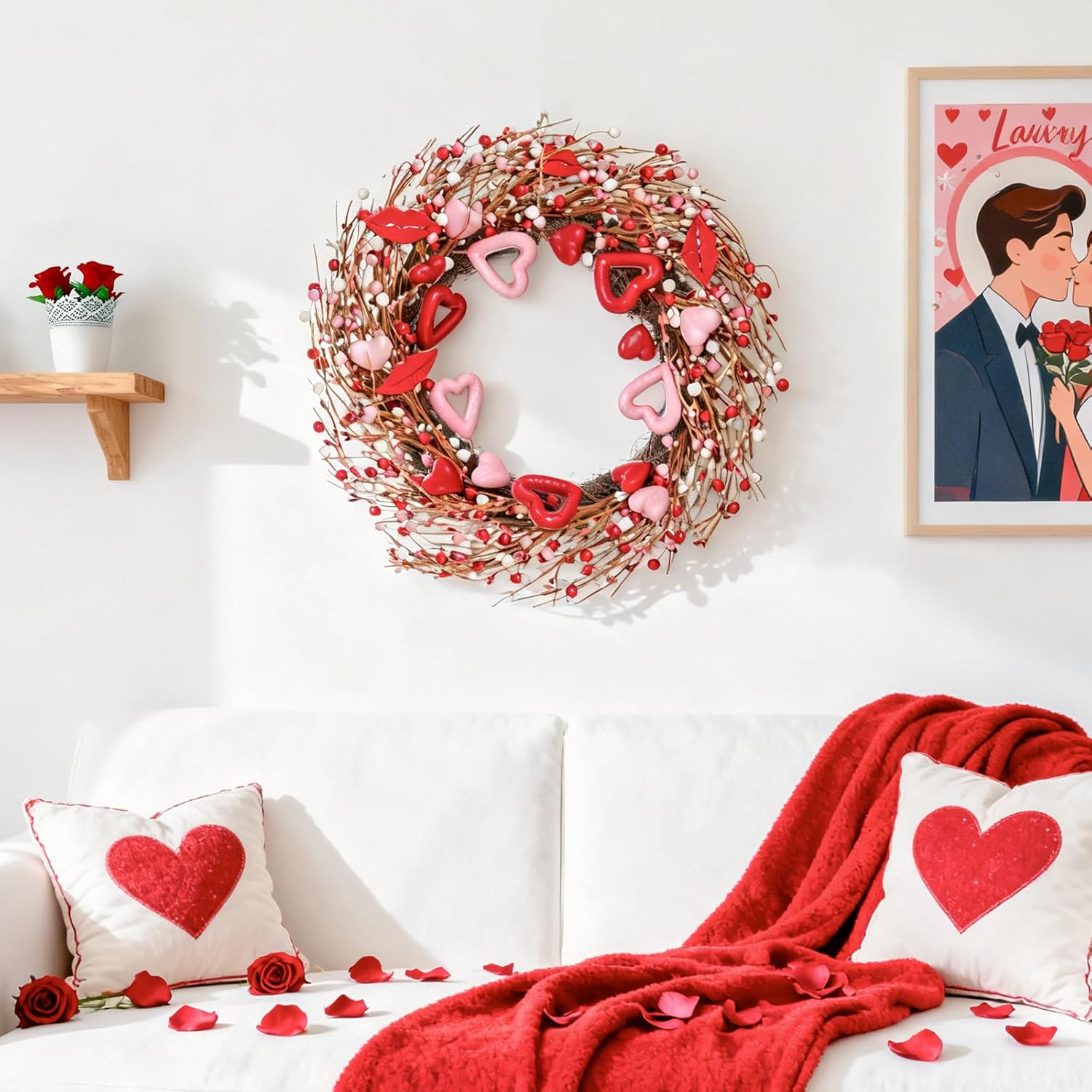 WDS WONDROUS 18.8 Inch Valentine's Day Wreath, Heart and Lip Decor with Red Pink Berries for Front Door, Wedding, Party Decorations - Image 3