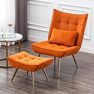 chairus Loungesessel Wohnzimmer Samt Relaxsessel mit Hocker Polsteressel für Schlafzimmer Einzelsessel mit Metallbeine (Orange)