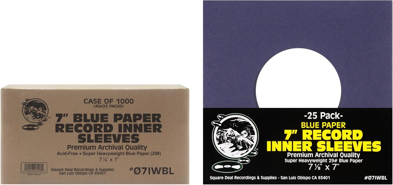 (1000) 7" 45rpm Blue Vinyl Record Inner Sleeves - Archival Quality, Super Heavyweight 29# Paper with Hole - 07IWBL